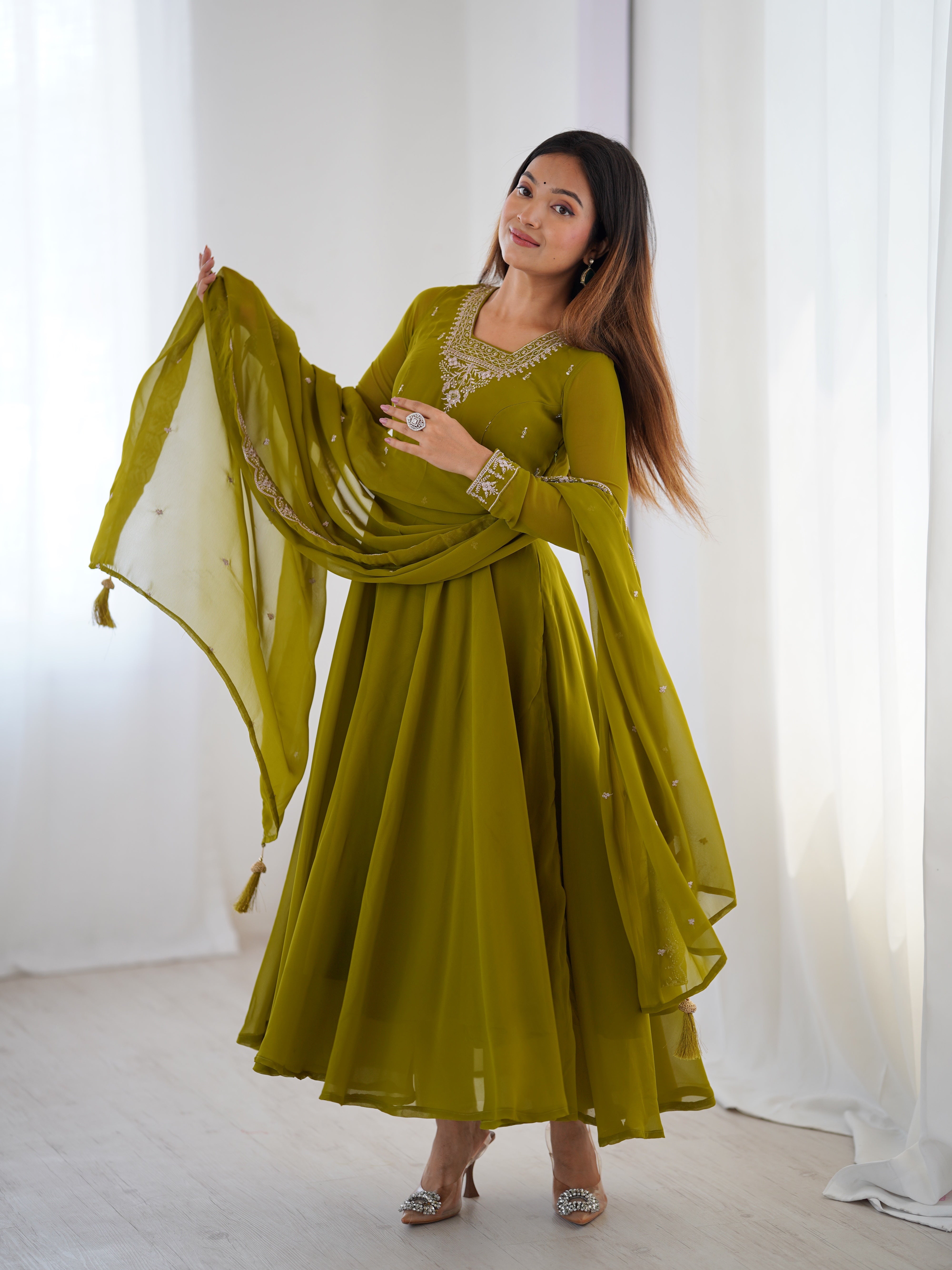 Parrot Green Georgette Anarkali Gown With Pant & Dupatta Set