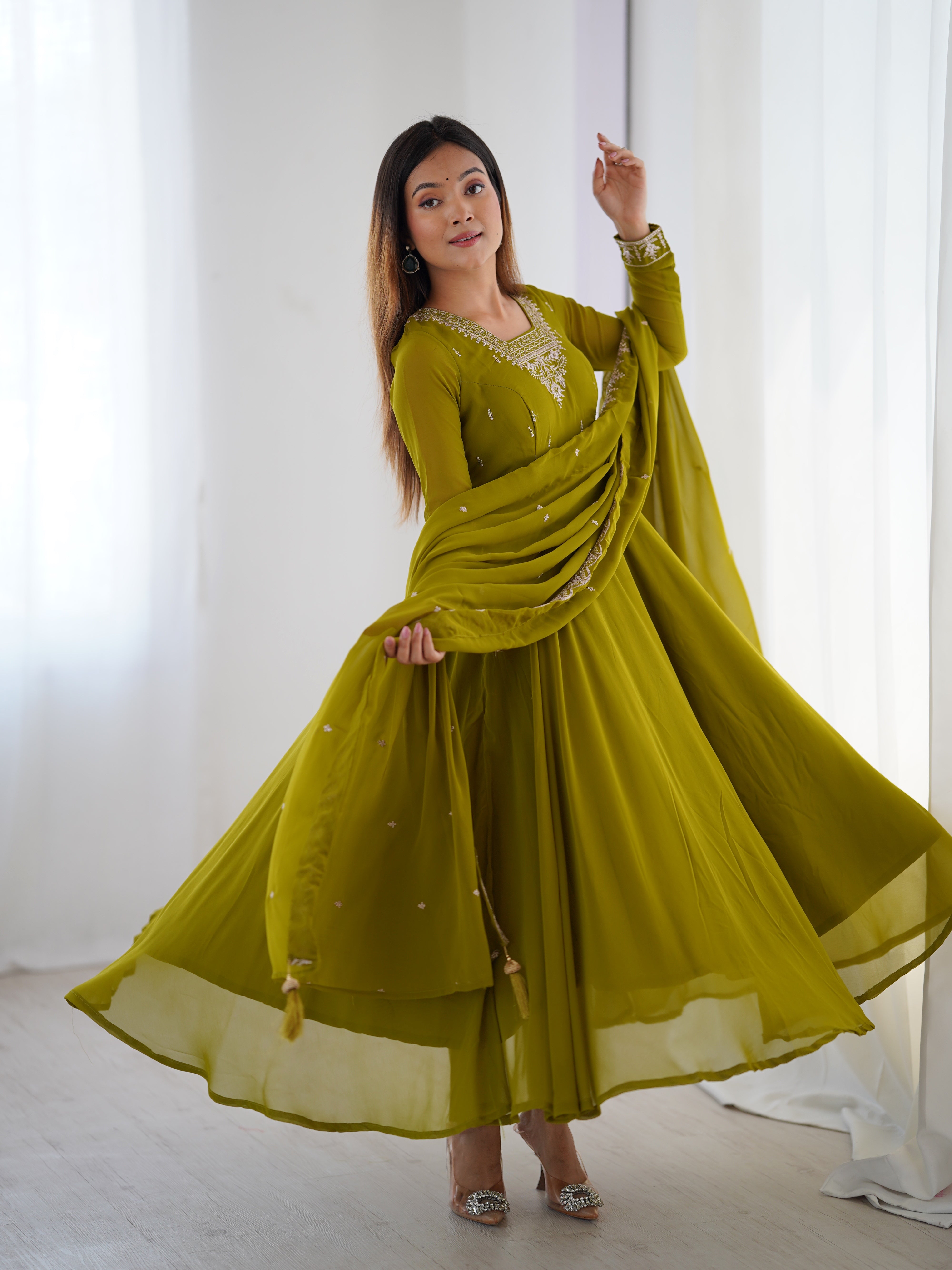 Parrot Green Georgette Anarkali Gown With Pant & Dupatta Set