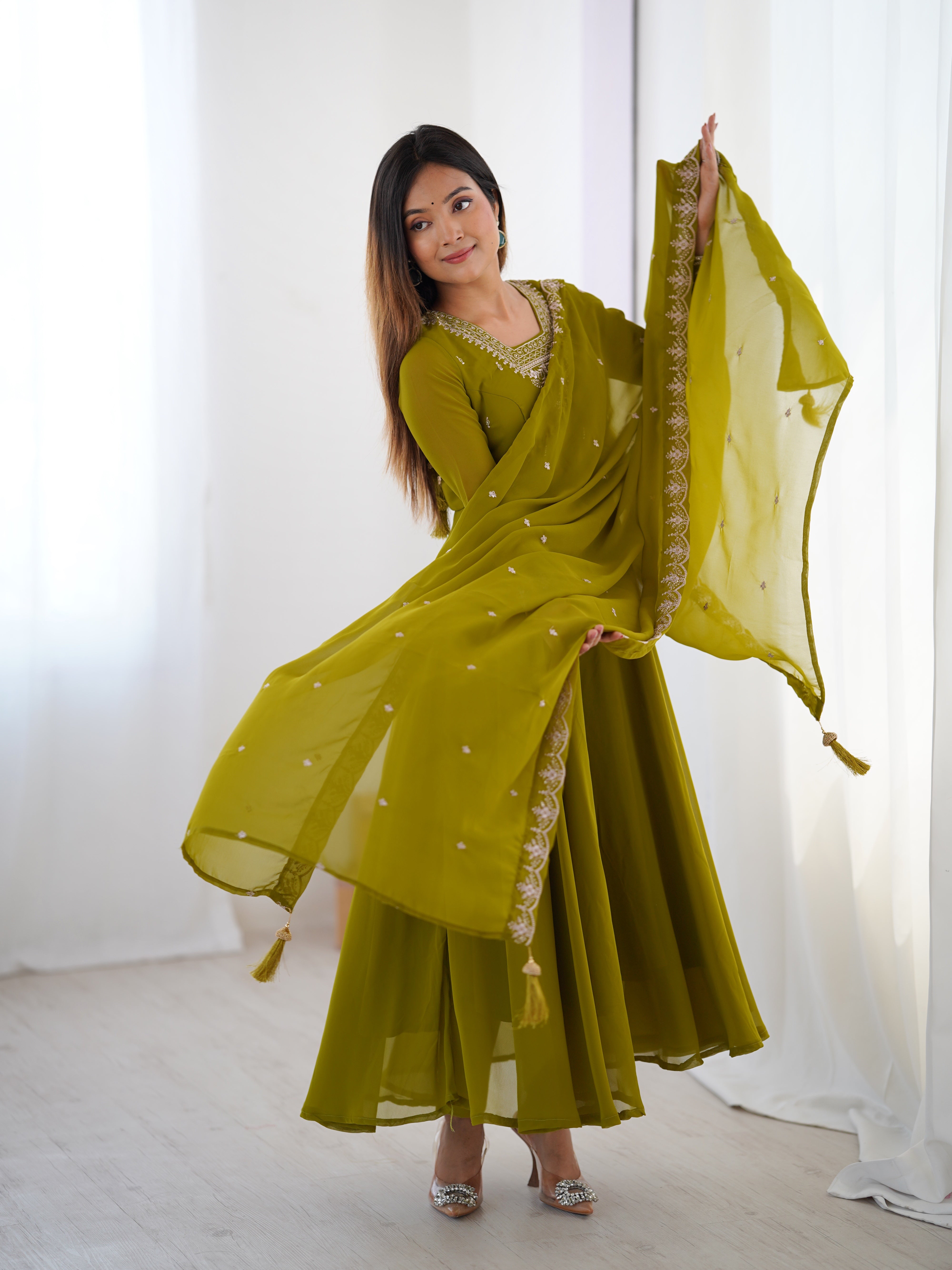 Parrot Green Georgette Anarkali Gown With Pant & Dupatta Set