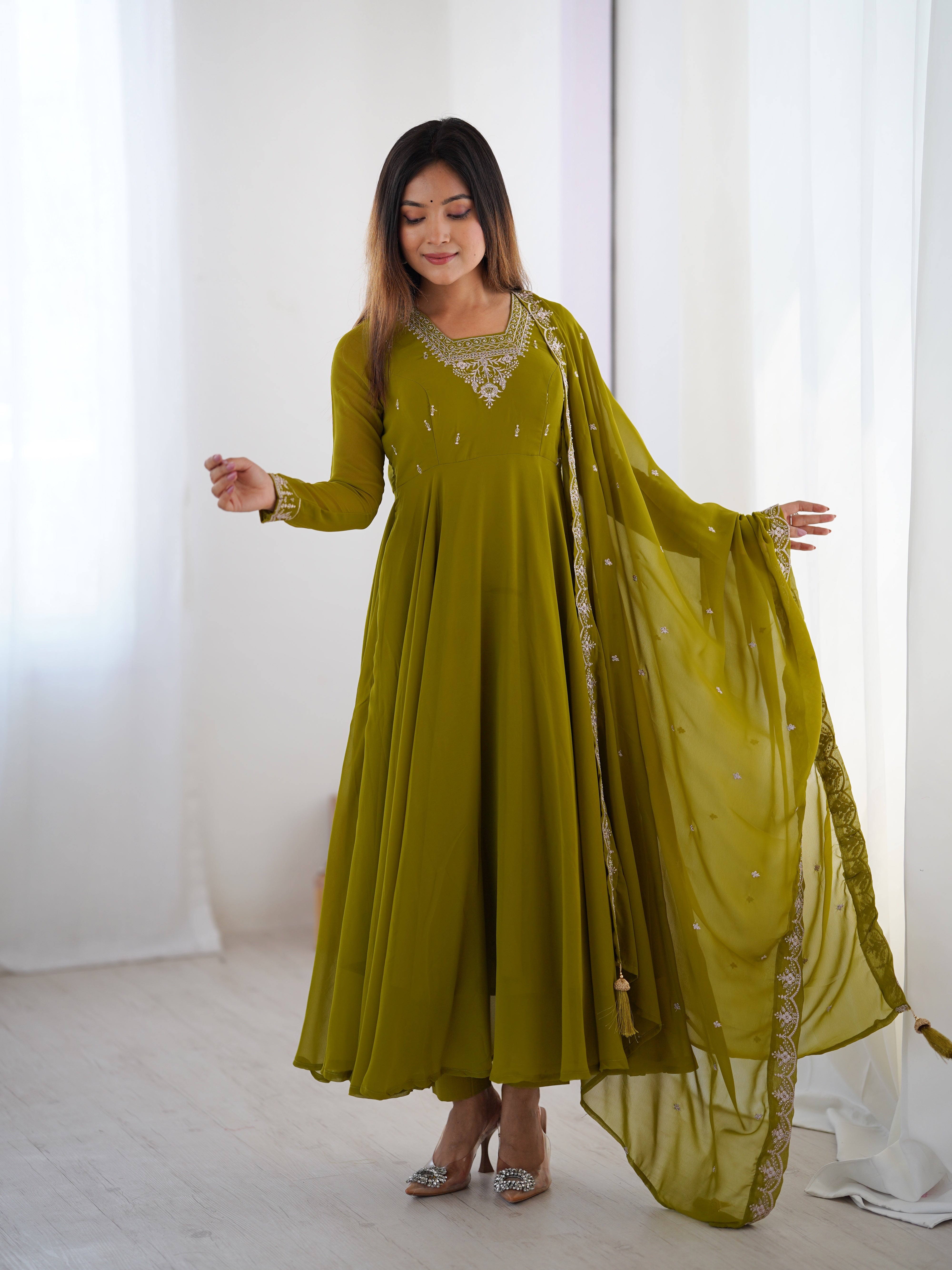 Parrot Green Georgette Anarkali Gown With Pant & Dupatta Set
