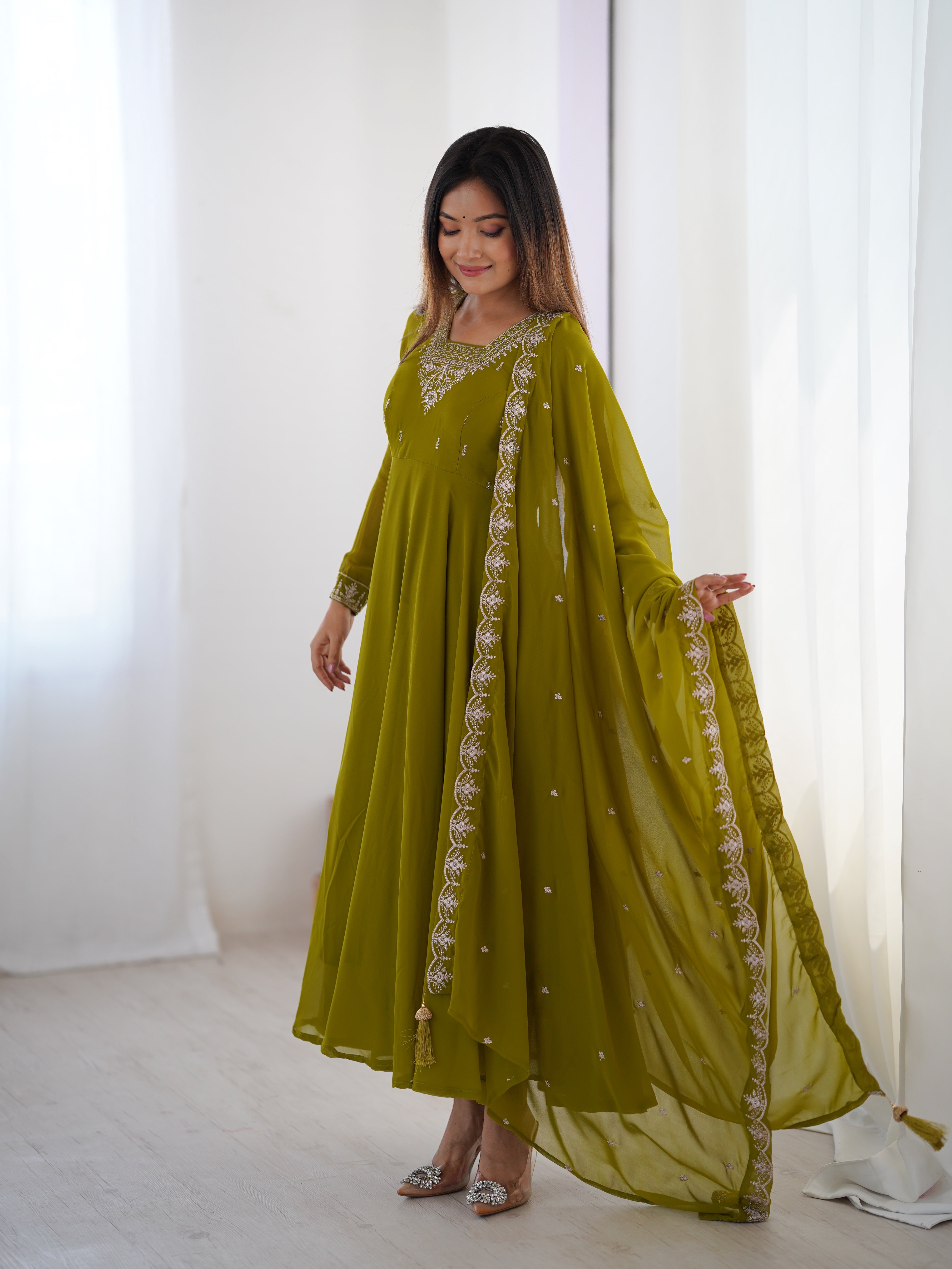 Parrot Green Georgette Anarkali Gown With Pant & Dupatta Set
