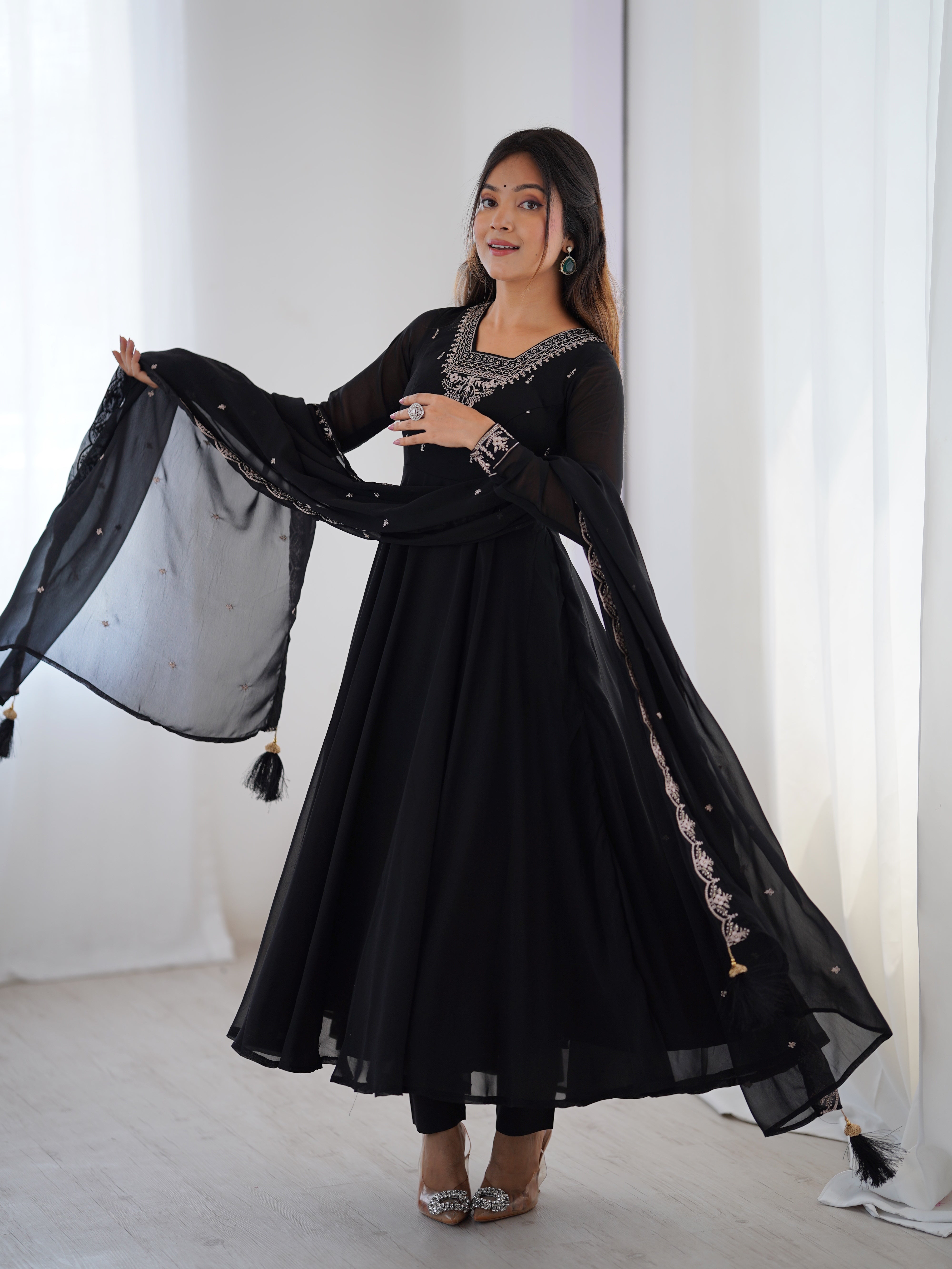 Parrot Green Georgette Anarkali Gown With Pant & Dupatta Set