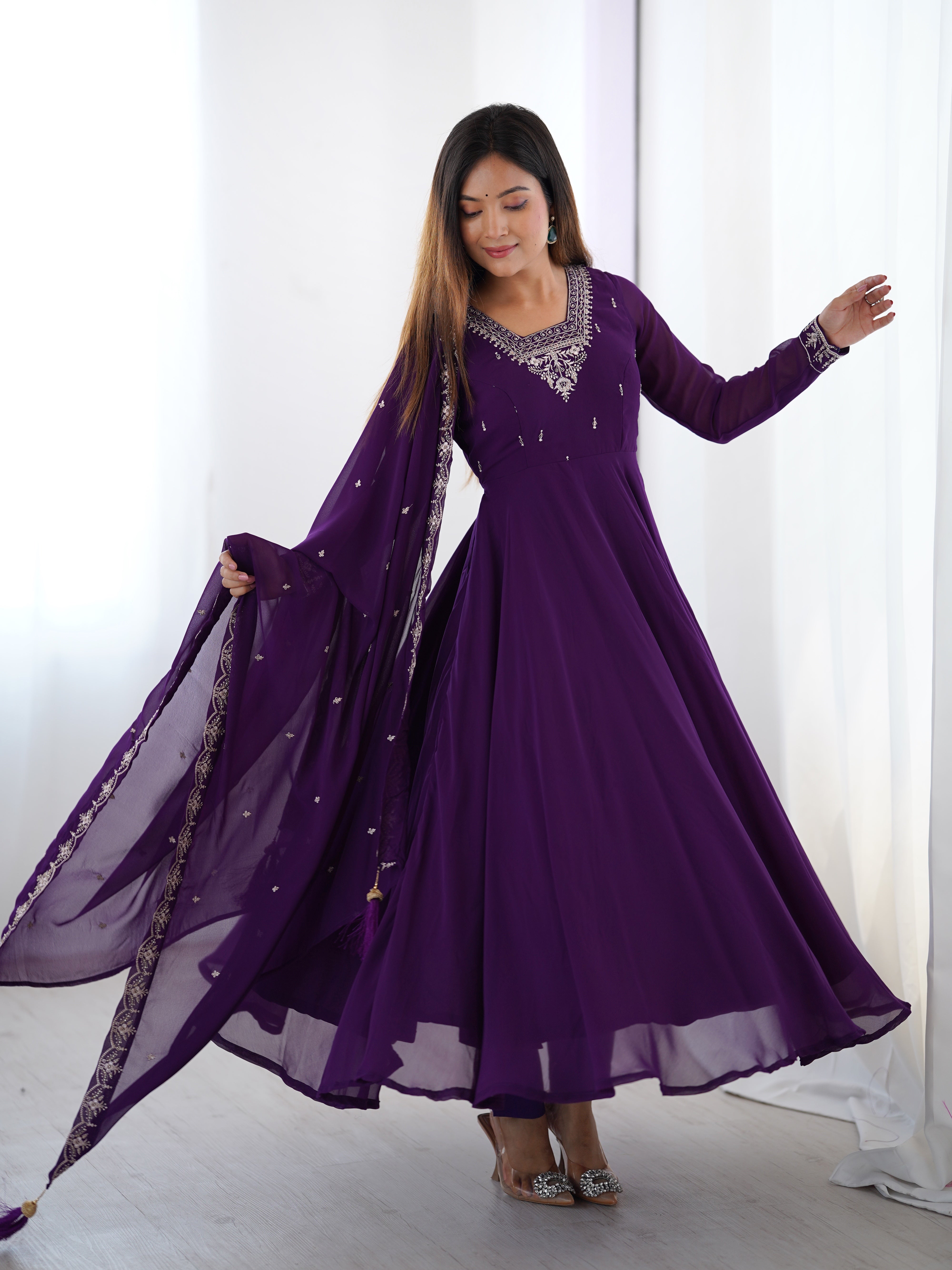 Parrot Green Georgette Anarkali Gown With Pant & Dupatta Set