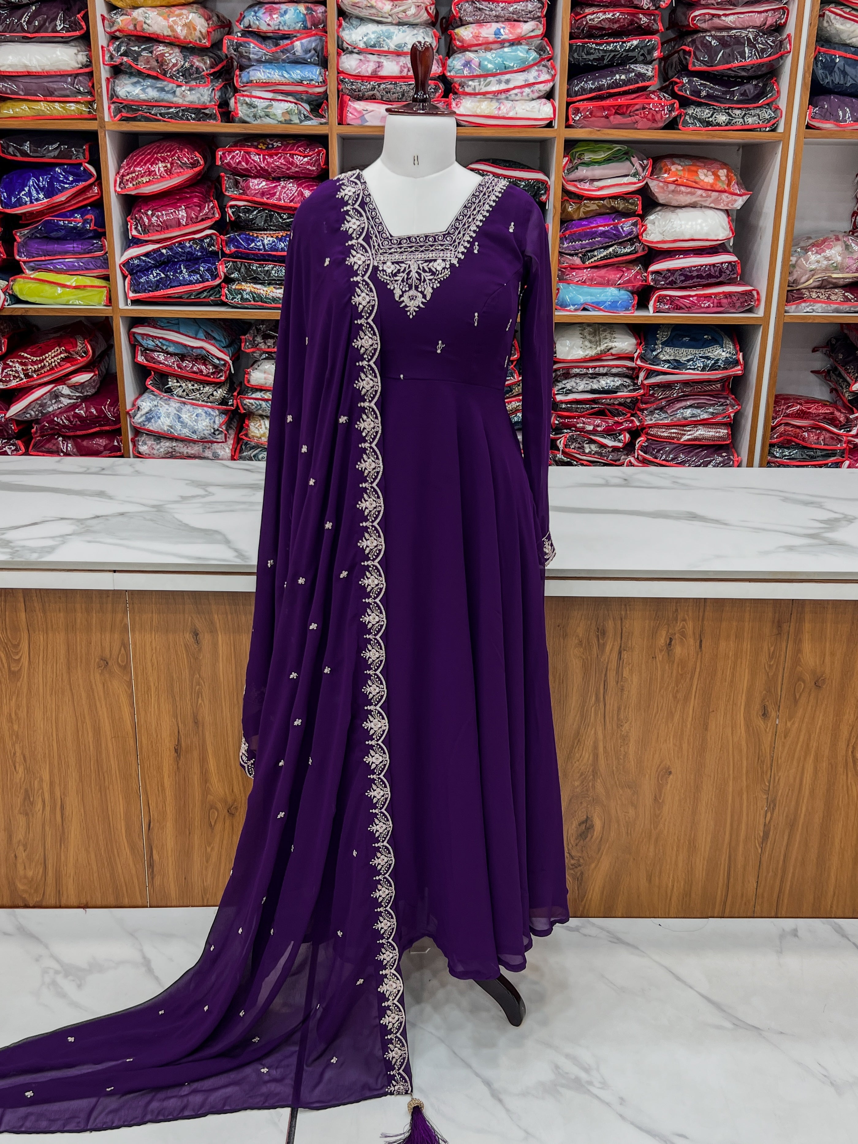Parrot Green Georgette Anarkali Gown With Pant & Dupatta Set