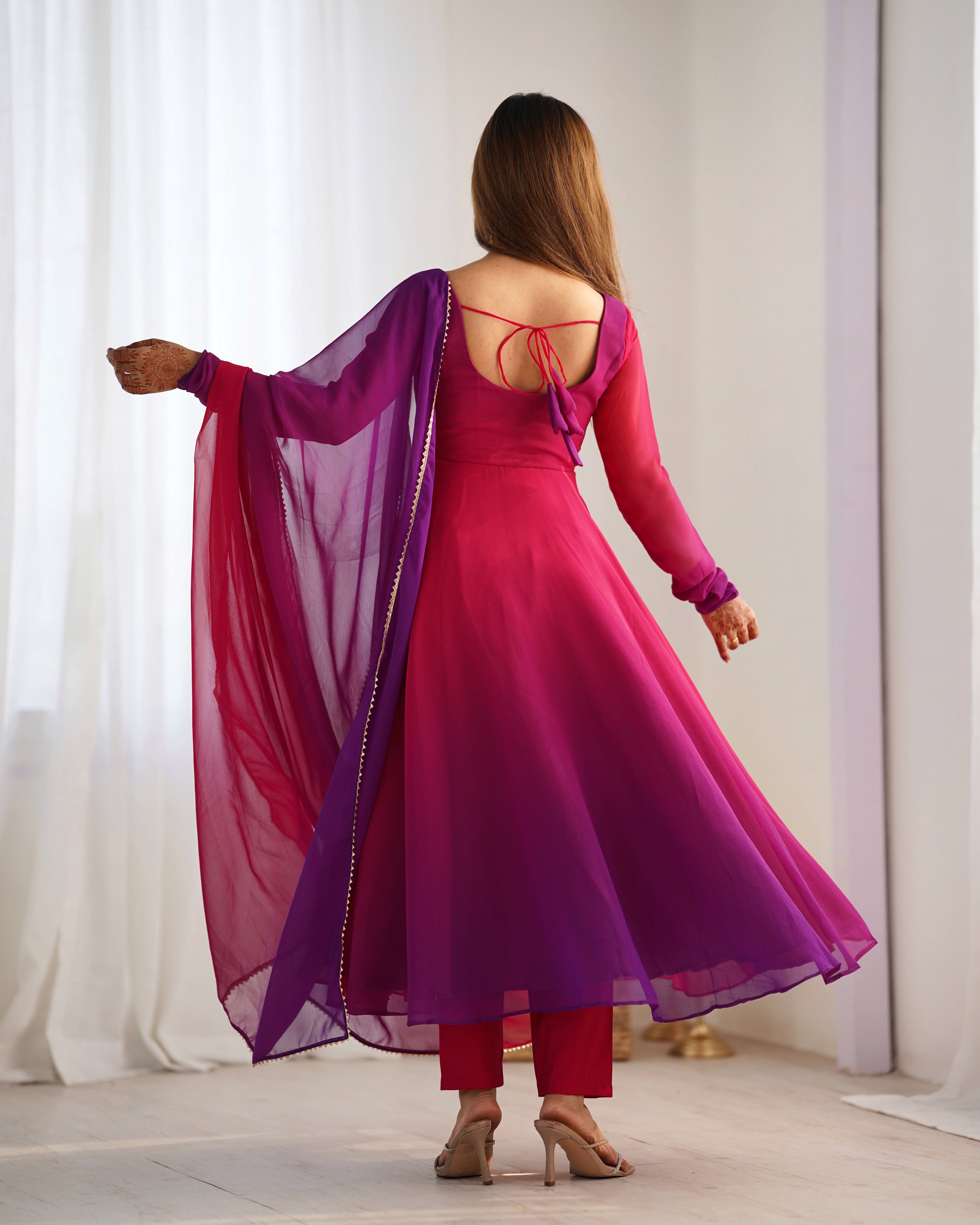 Shading Dark Pink Color Designer Anarkali Gown With Pant & Dupatta Set