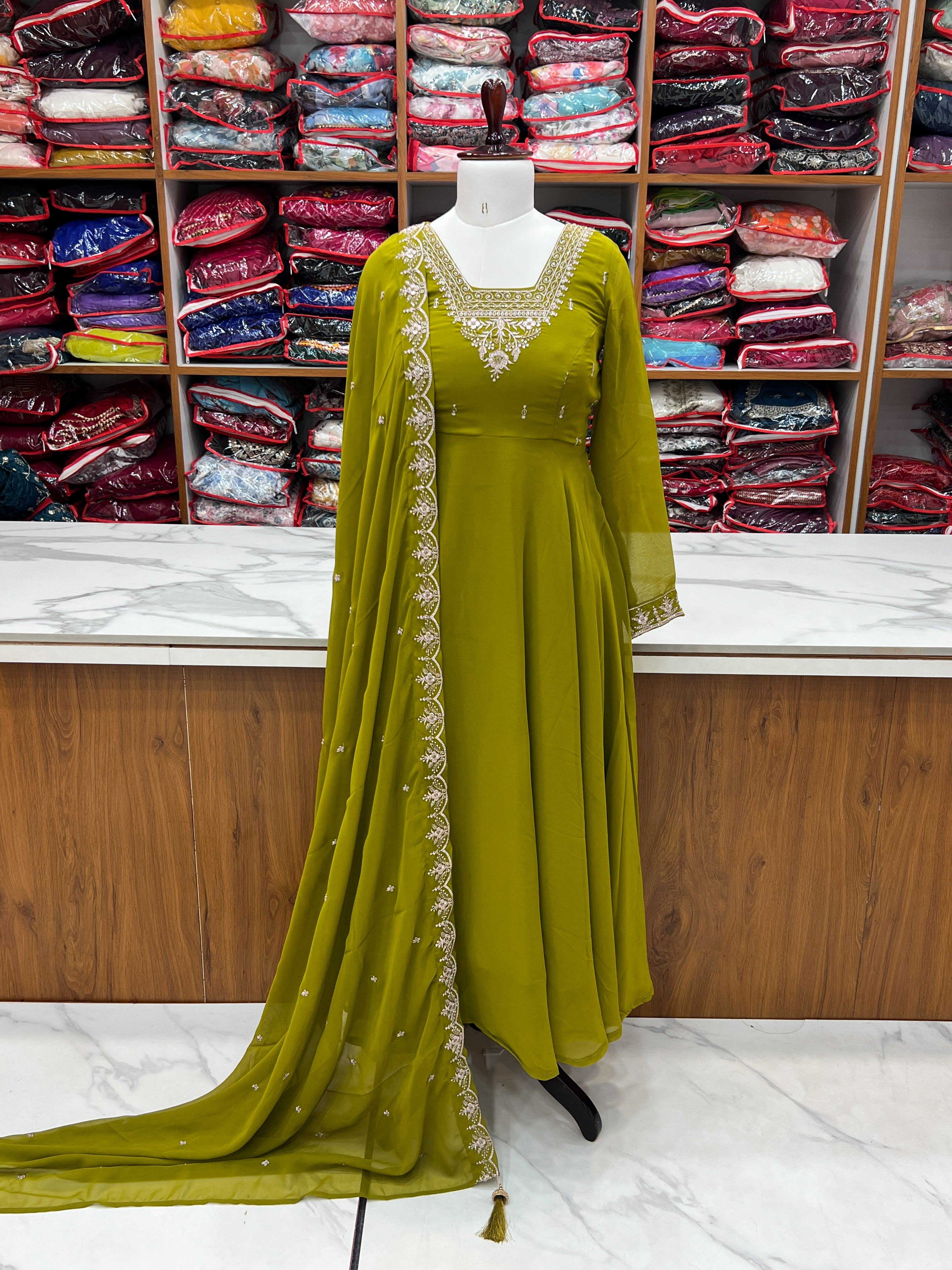 Parrot Green Georgette Anarkali Gown With Pant & Dupatta Set