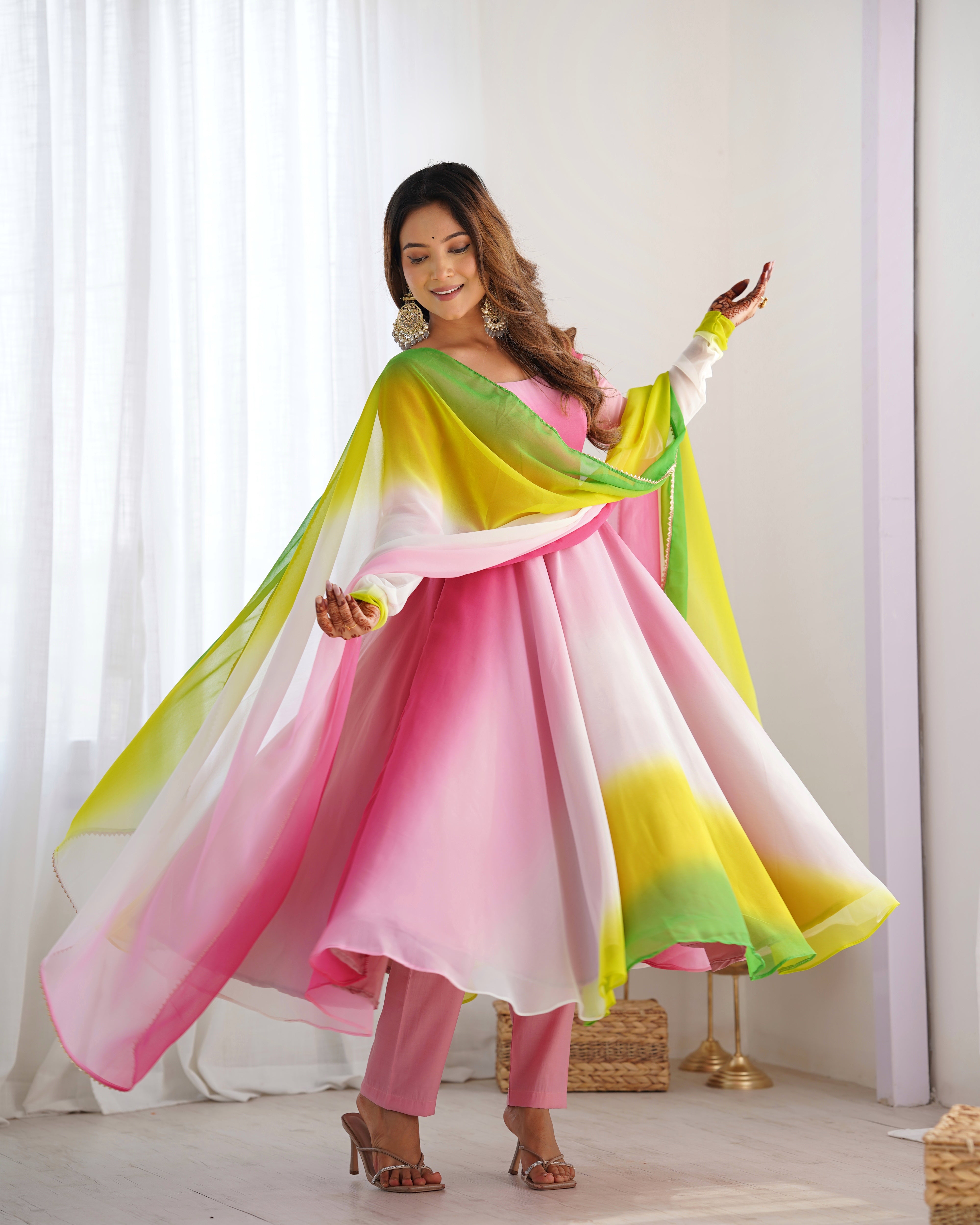 Multi Color Three Pic Fully Flair Designer Anarkali Gown