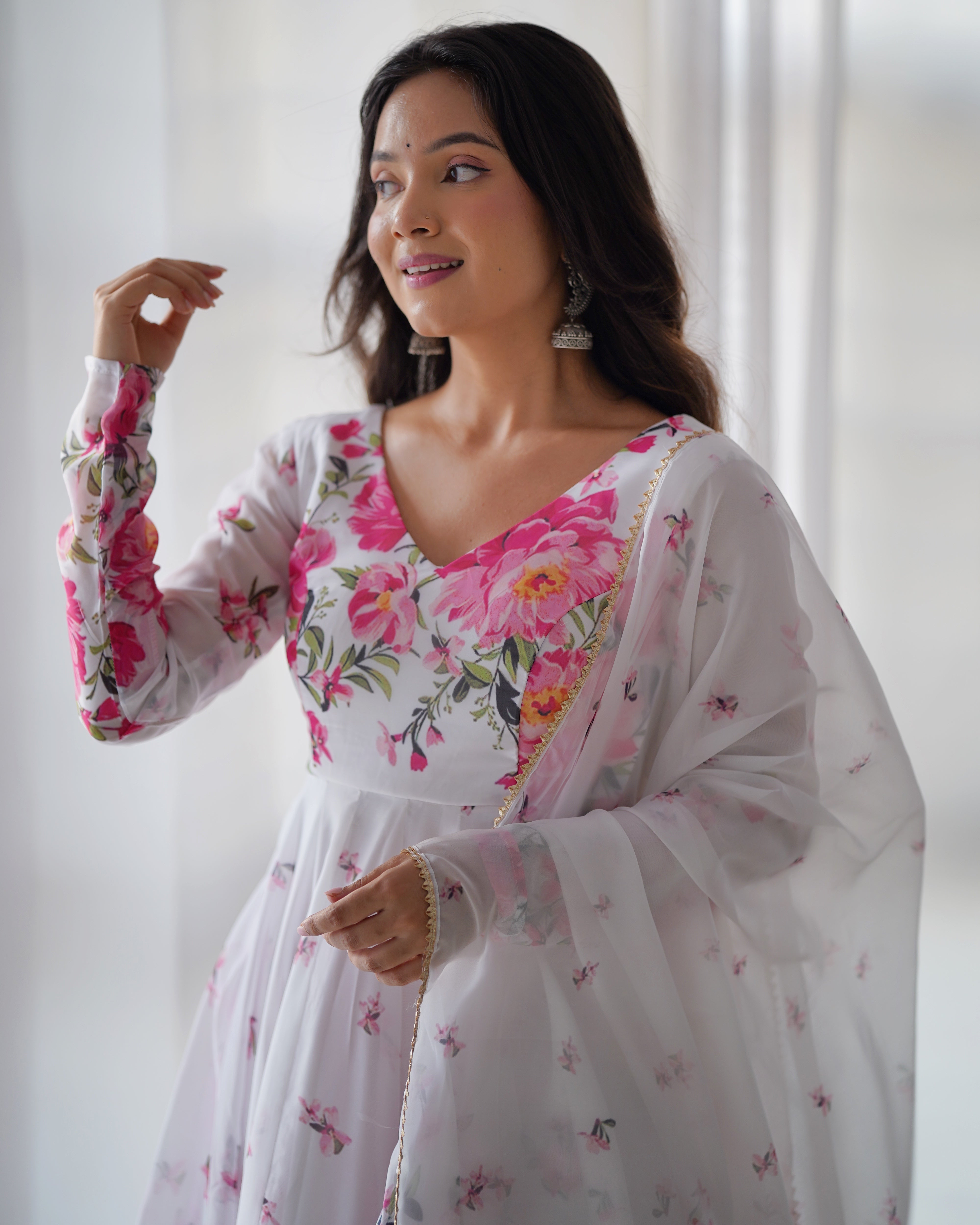 White Pink Flower Organza Printed Anarkali Dress With Pant & Dupatta Set