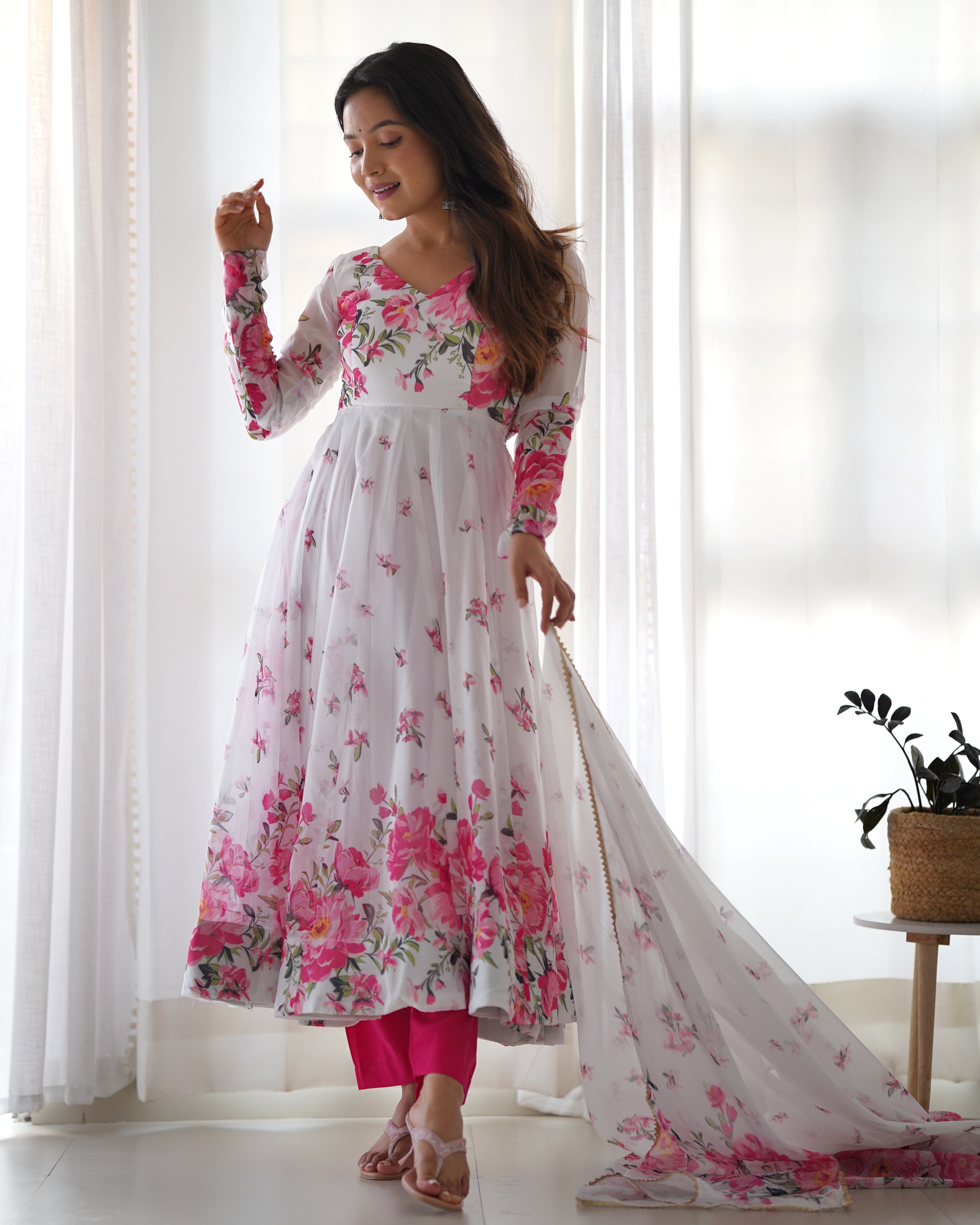 White Pink Flower Organza Printed Anarkali Dress With Pant & Dupatta Set