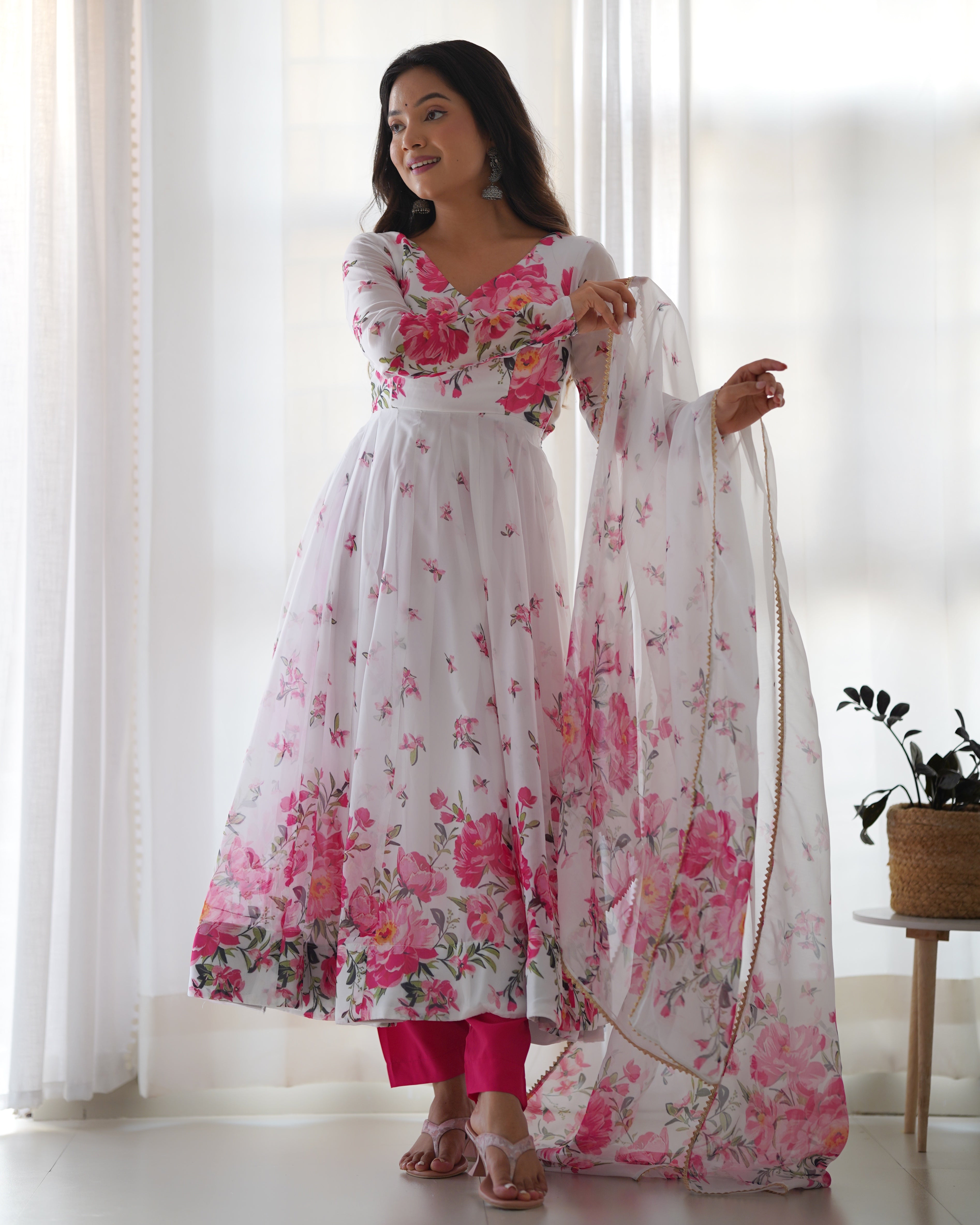 White Pink Flower Organza Printed Anarkali Dress With Pant & Dupatta Set