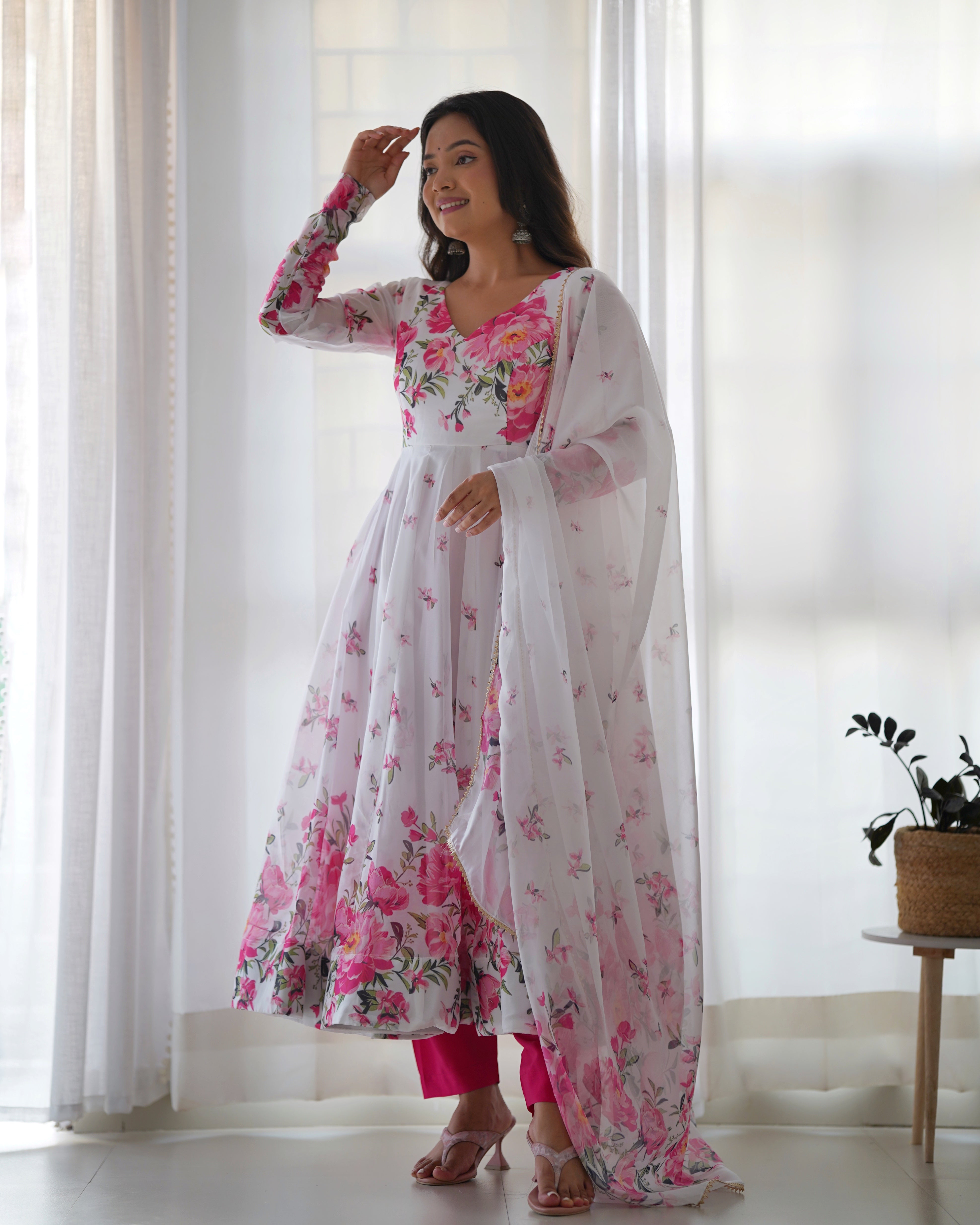 White Pink Flower Organza Printed Anarkali Dress With Pant & Dupatta Set