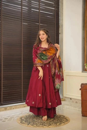 Maroon Color Chinon Silk Designer Gown With  Palazzo & Dupatta Set