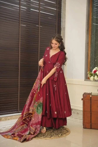 Maroon Color Chinon Silk Designer Gown With  Palazzo & Dupatta Set