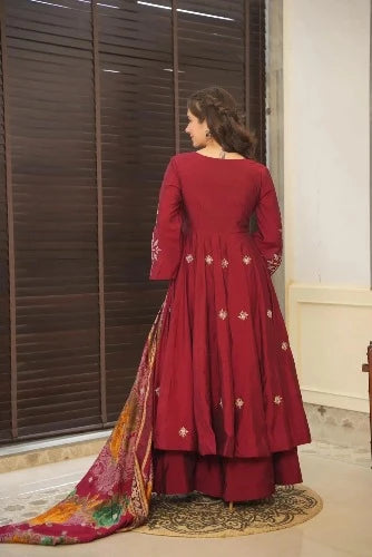 Maroon Color Chinon Silk Designer Gown With  Palazzo & Dupatta Set