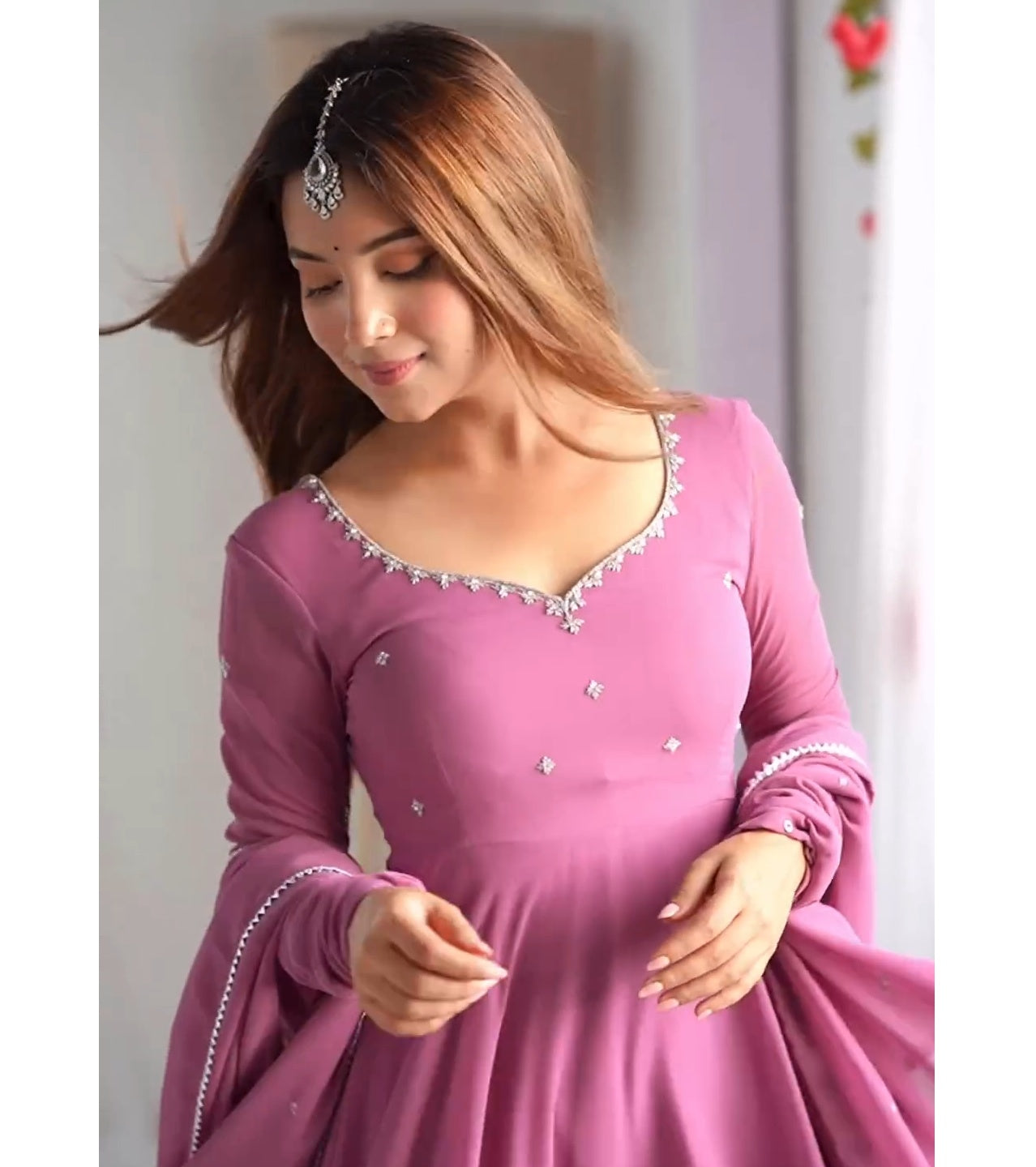 Most Beautiful Pink Color Fully Flair Party Wear Anarkali Gown