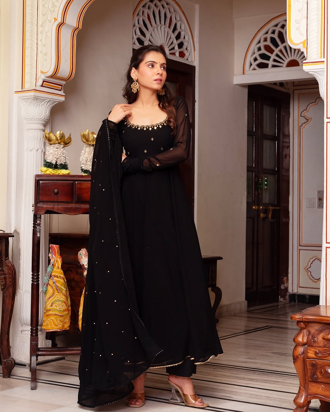 Black Color Party Wear Real Mirror Work With Hand Work Anarkali Suit