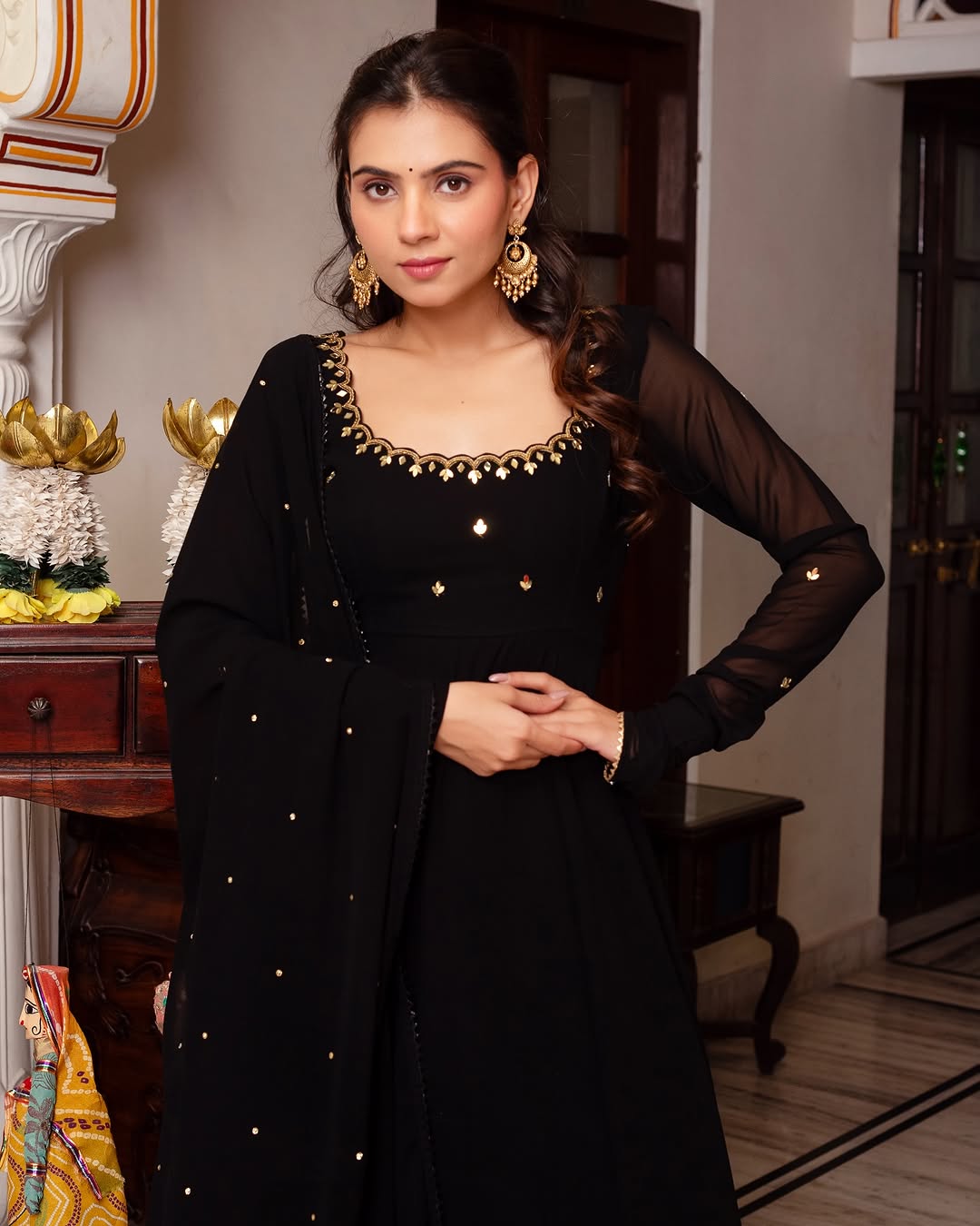 Black Color Party Wear Real Mirror Work With Hand Work Anarkali Suit
