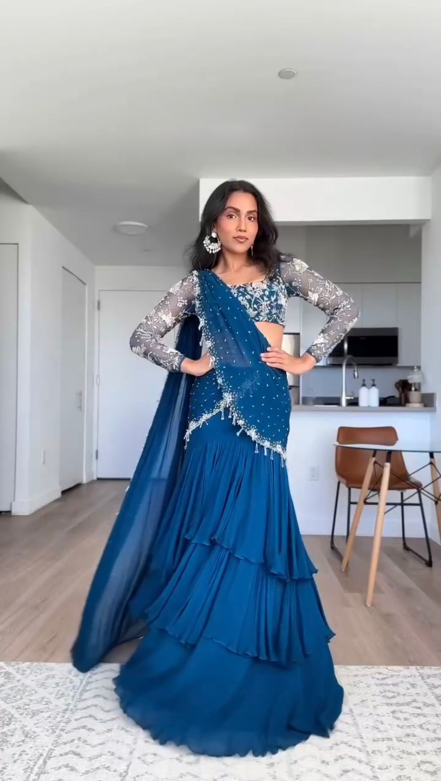 Peacock Blue Color Ready To Wear Designer Lehenga Saree