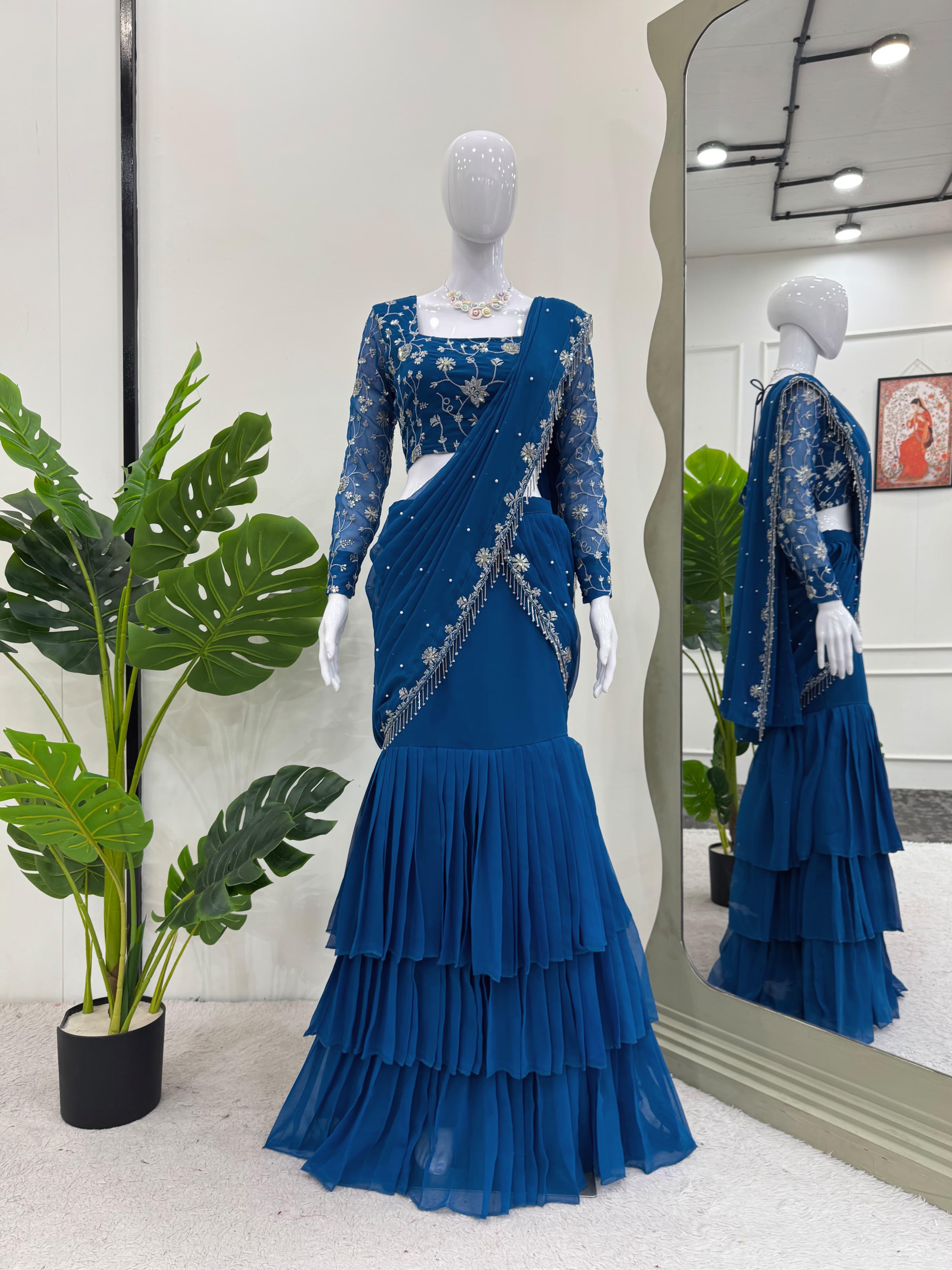 Peacock Blue Color Ready To Wear Designer Lehenga Saree