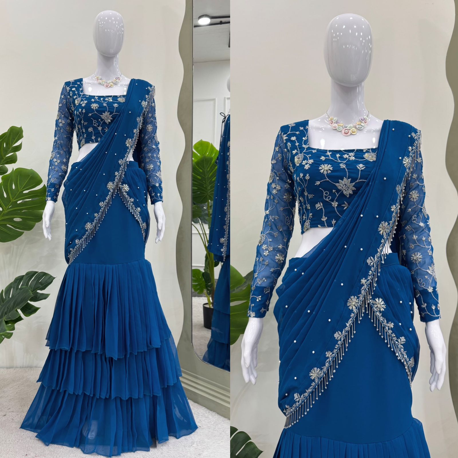 Peacock Blue Color Ready To Wear Designer Lehenga Saree