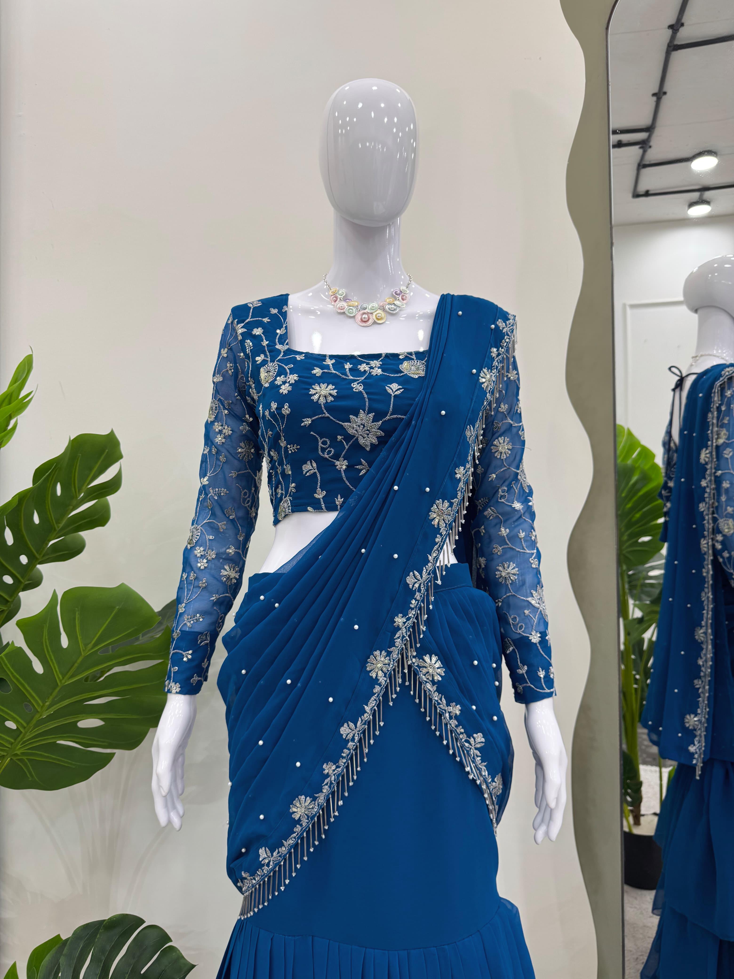 Peacock Blue Color Ready To Wear Designer Lehenga Saree