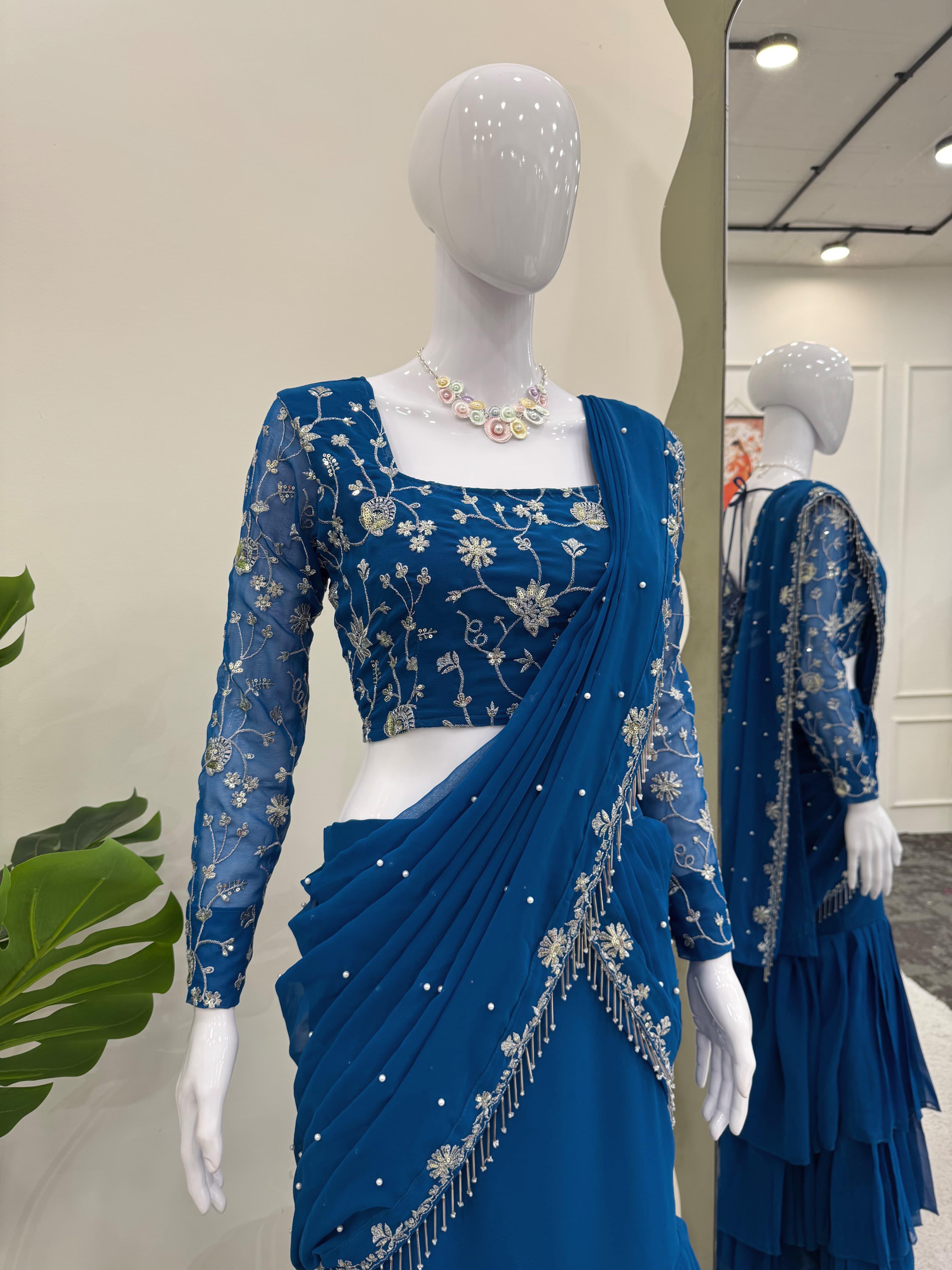 Peacock Blue Color Ready To Wear Designer Lehenga Saree