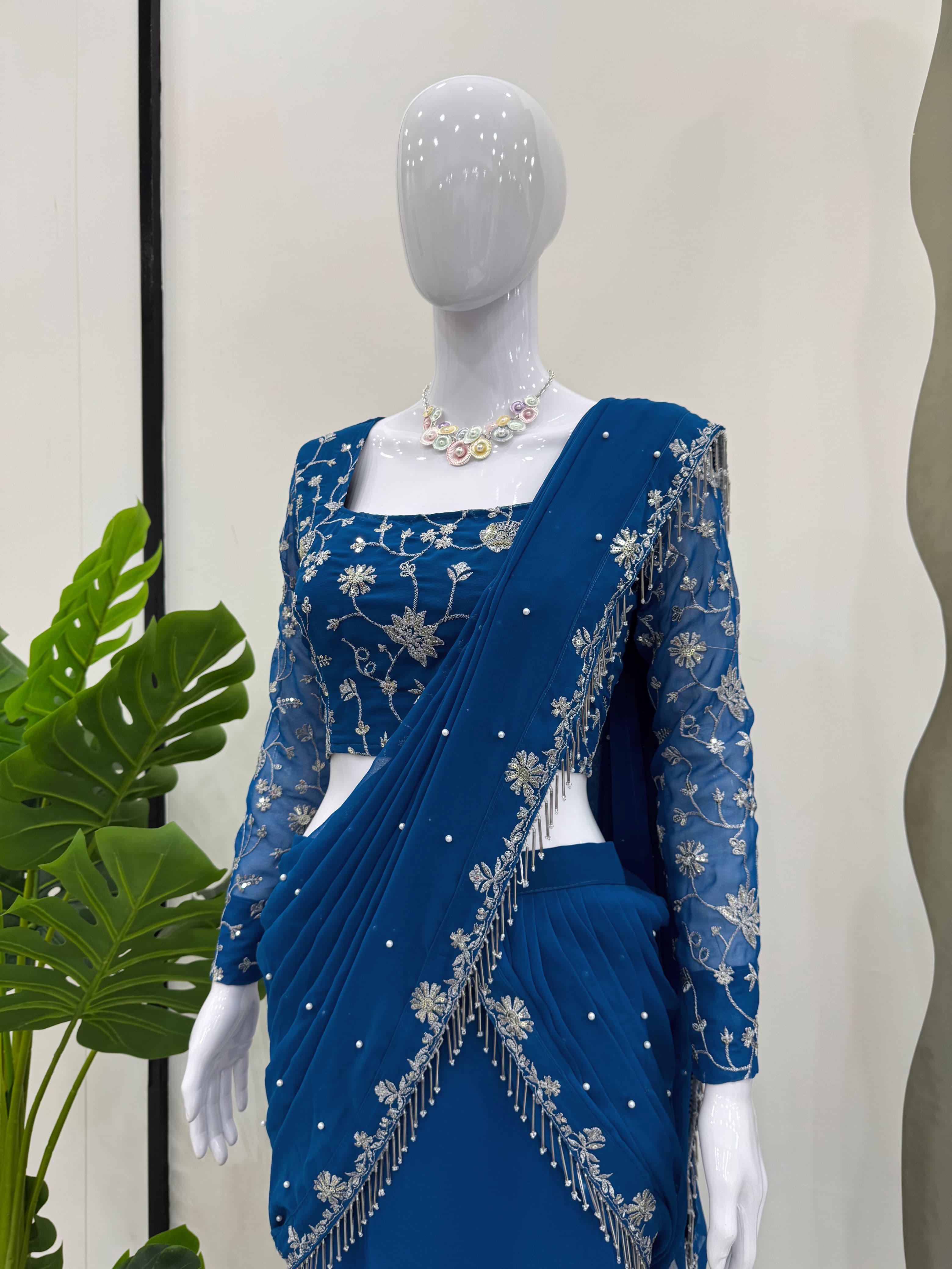 Peacock Blue Color Ready To Wear Designer Lehenga Saree