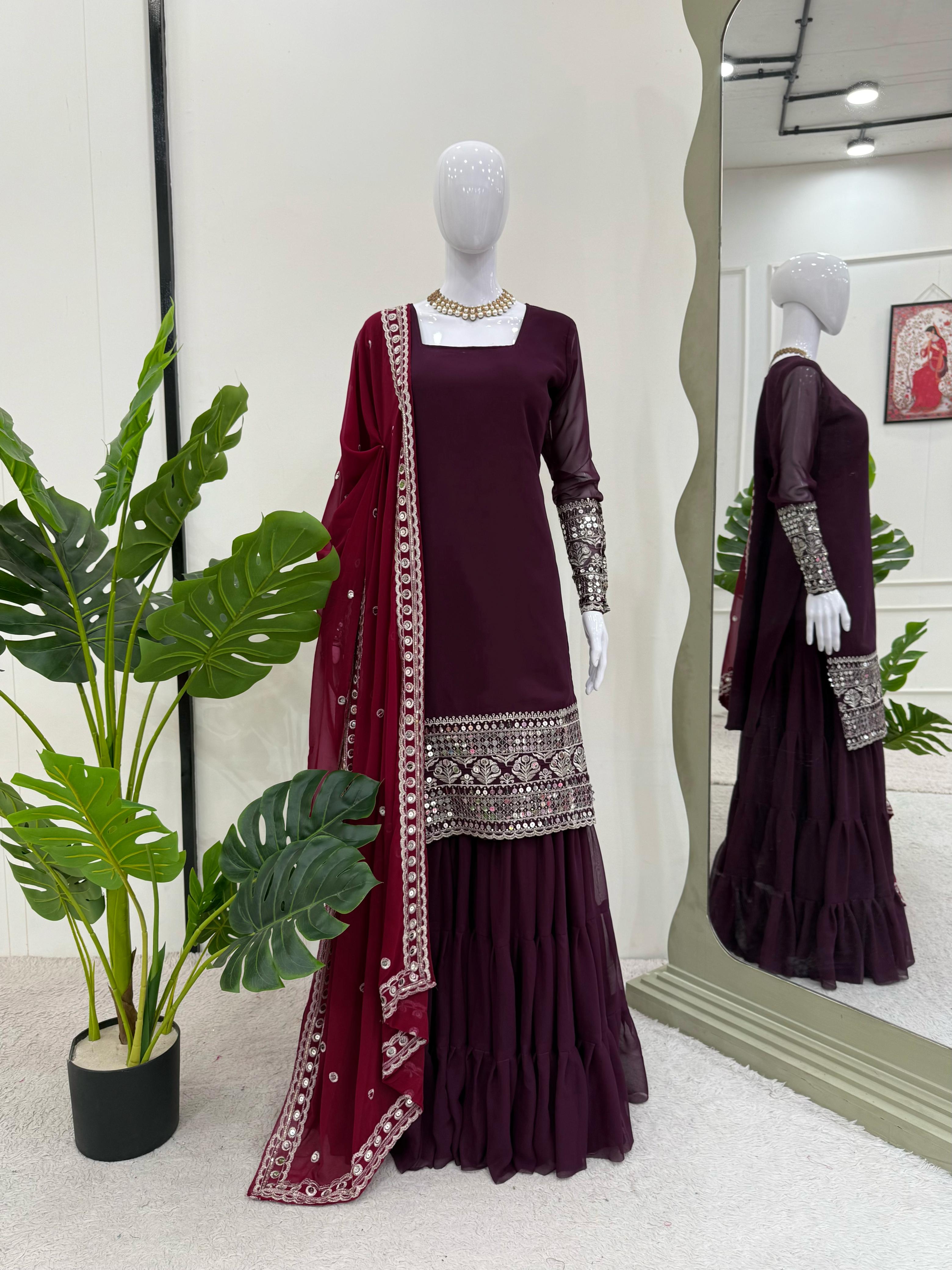 Wine color Party Wear Sharara Dress For Wedding season