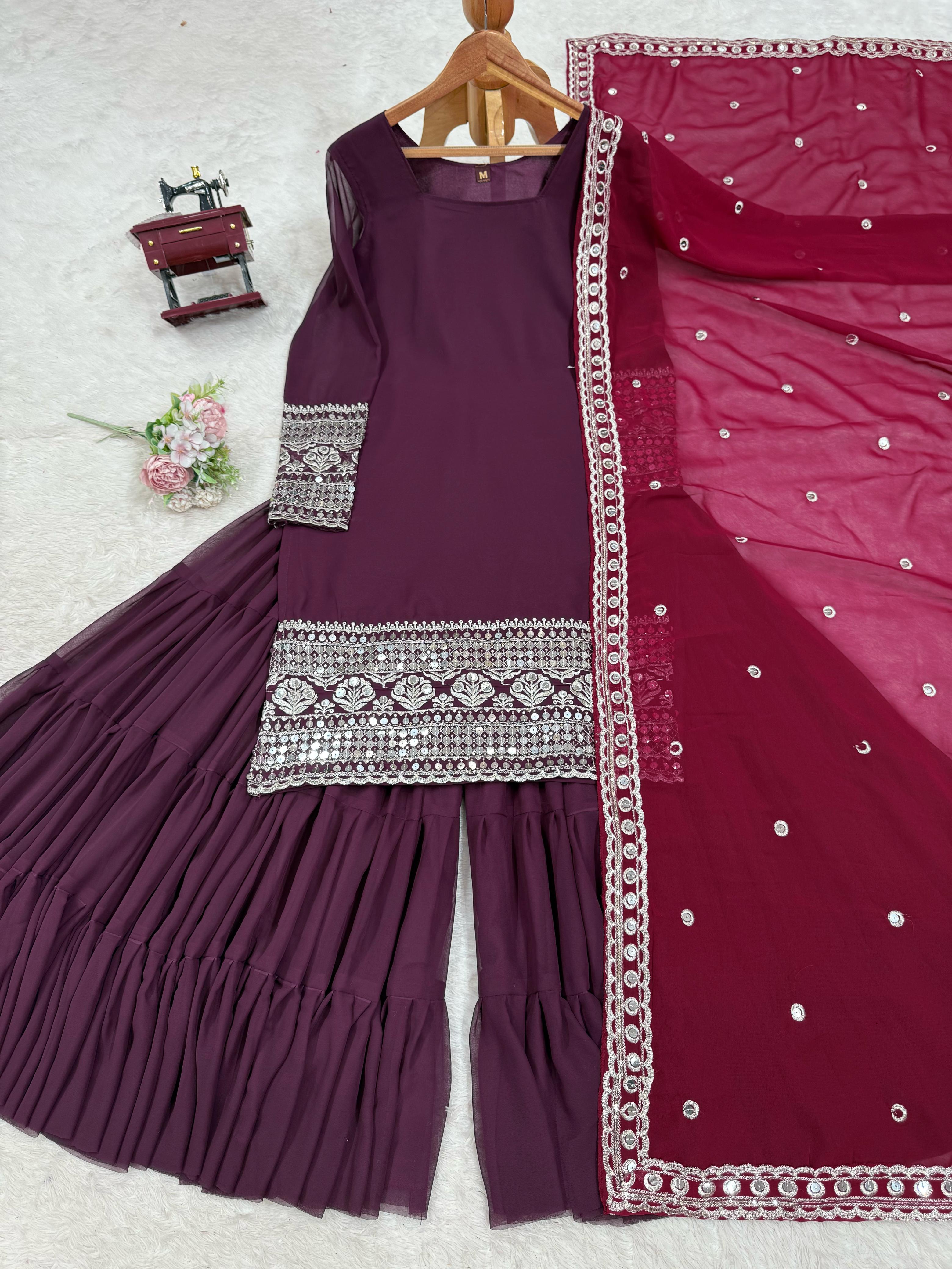 Wine color Party Wear Sharara Dress For Wedding season