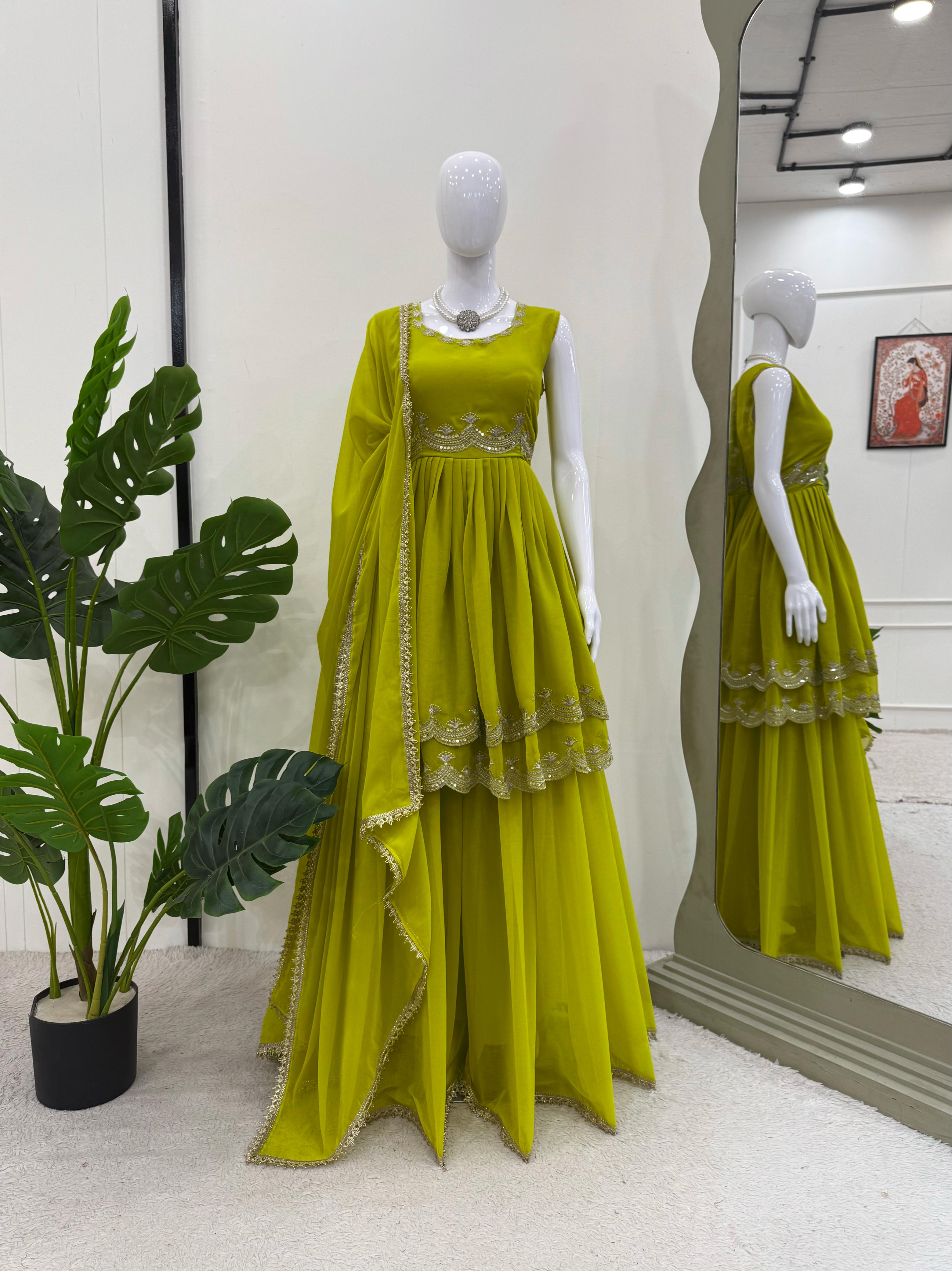 Parrot Green Color Ready To Wear Designer Palazzo Suits