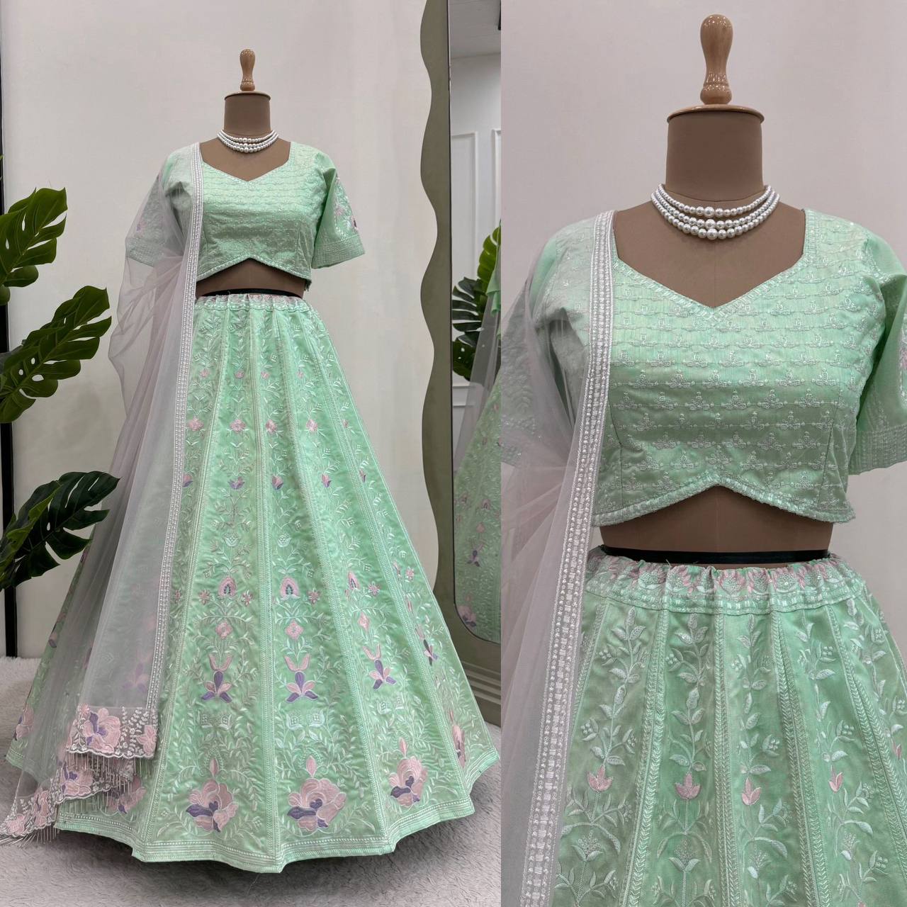 Light Green Color Thered & Sequence Work Designer Lhengha Choli