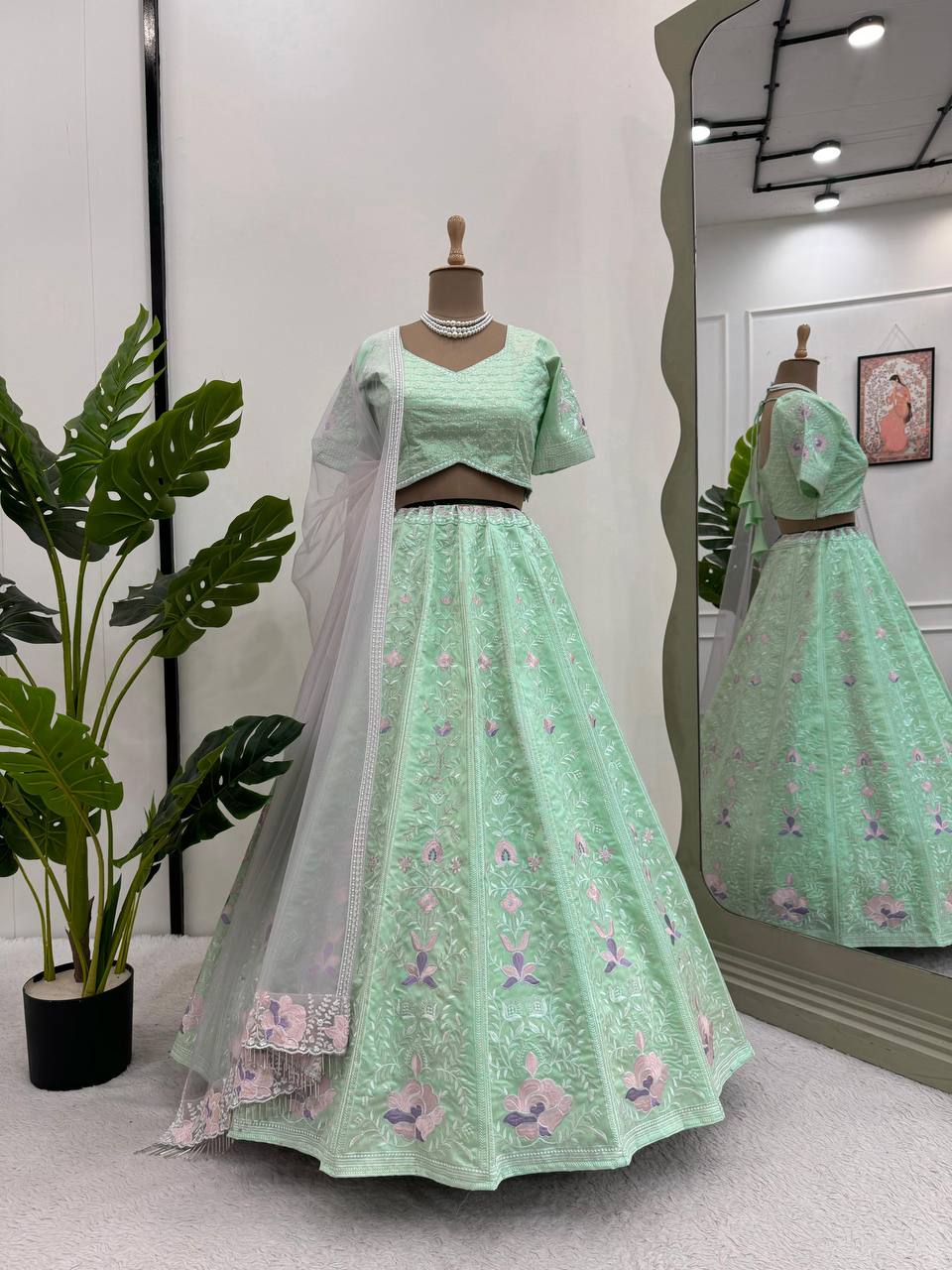 Light Green Color Thered & Sequence Work Designer Lhengha Choli