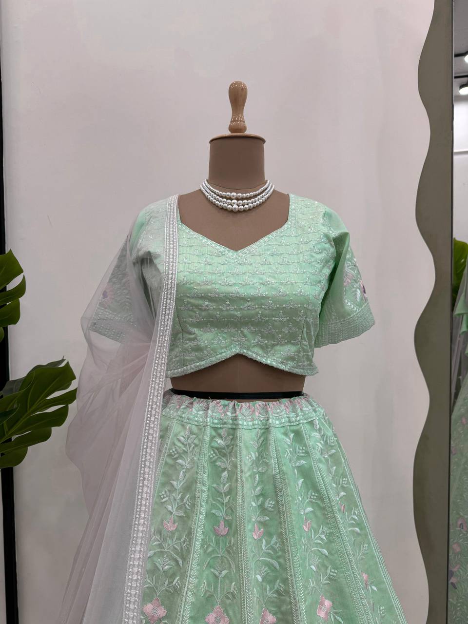 Light Green Color Thered & Sequence Work Designer Lhengha Choli