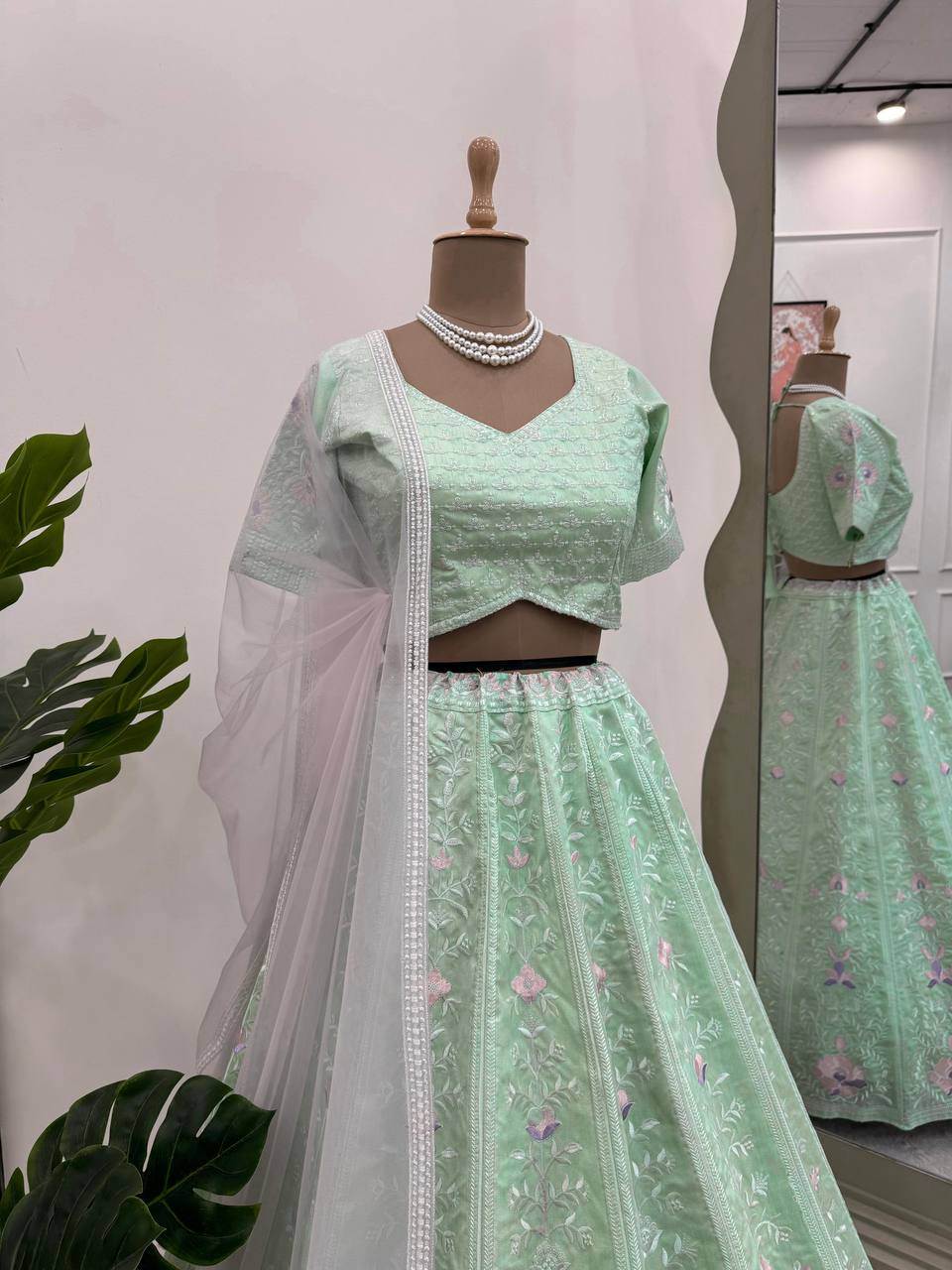 Light Green Color Thered & Sequence Work Designer Lhengha Choli