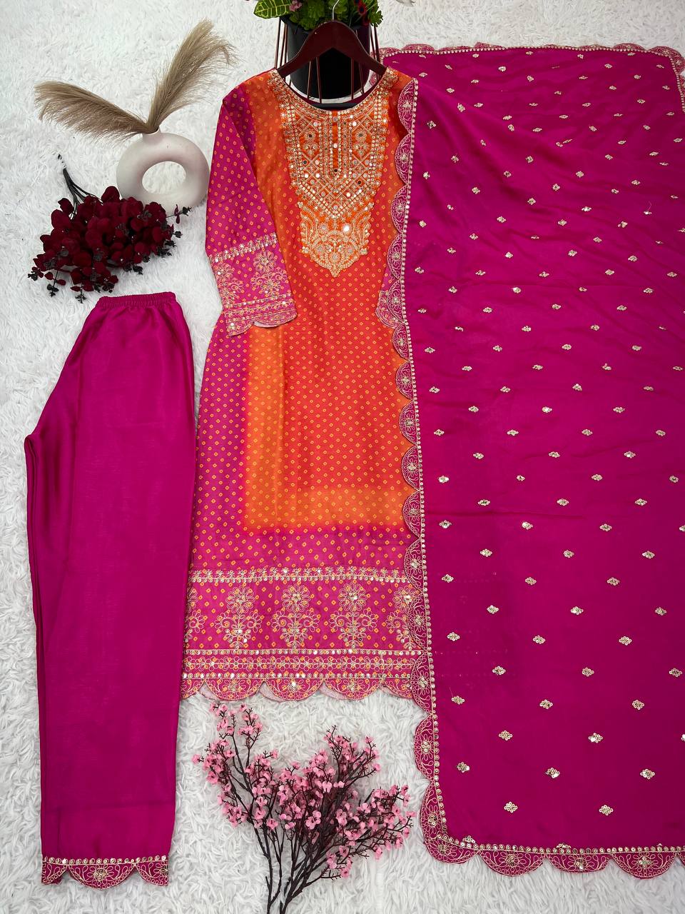 Multi Color Chinon Silk Ready To Wear Designer Dress With Pant & Dupatta Set