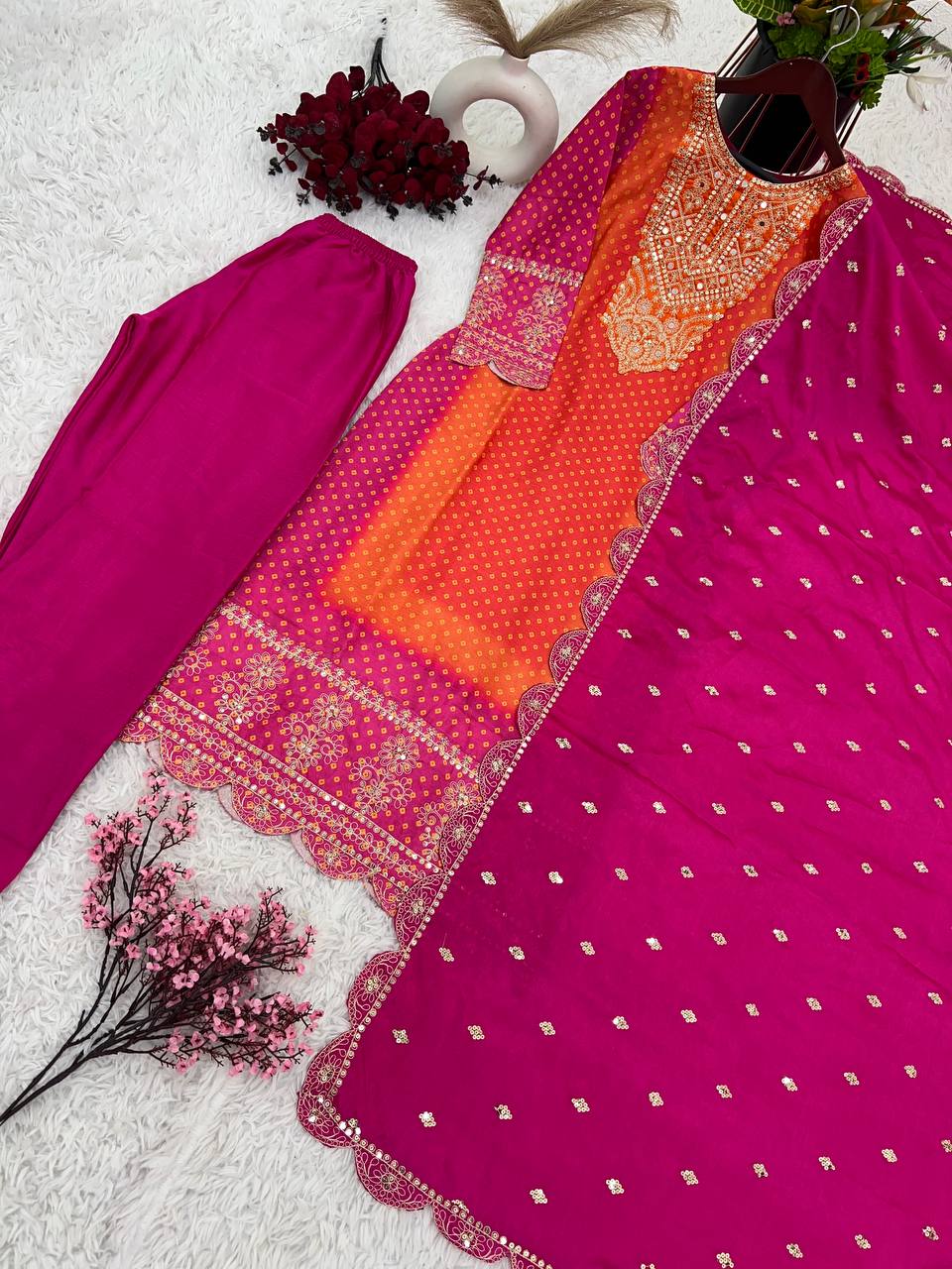 Multi Color Chinon Silk Ready To Wear Designer Dress With Pant & Dupatta Set