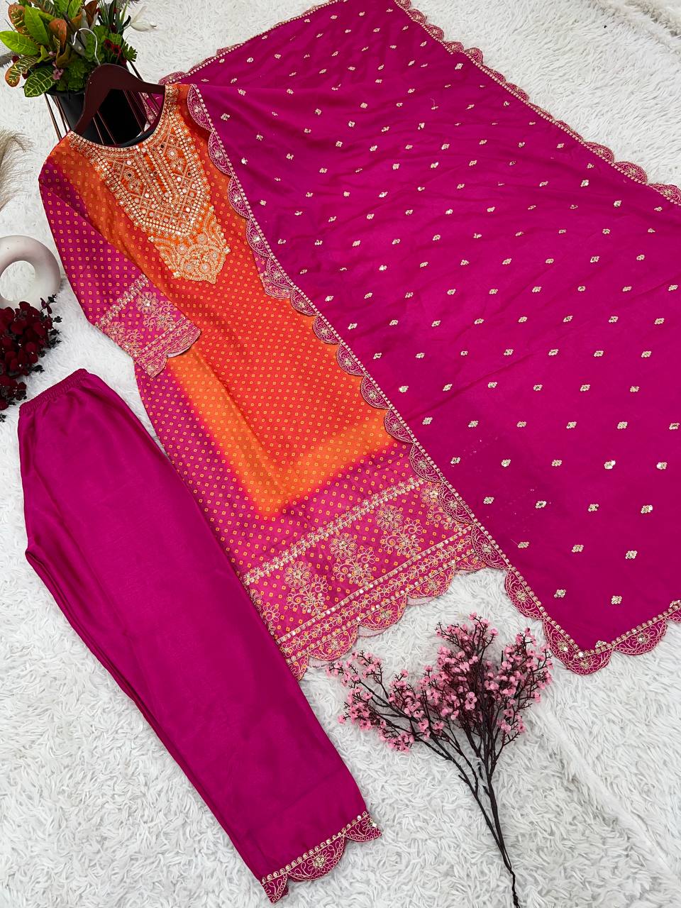 Multi Color Chinon Silk Ready To Wear Designer Dress With Pant & Dupatta Set