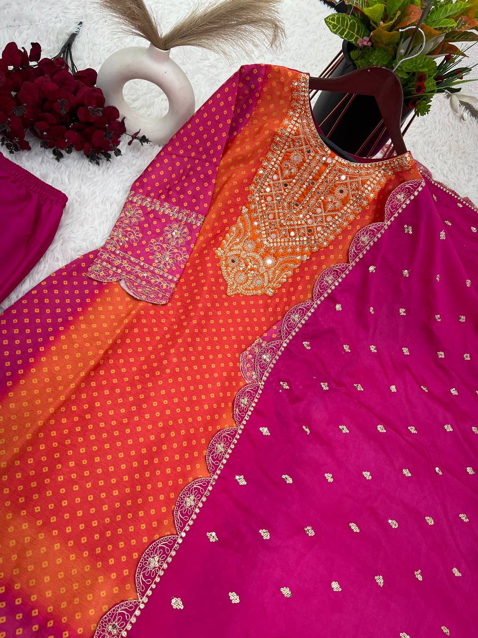 Multi Color Chinon Silk Ready To Wear Designer Dress With Pant & Dupatta Set