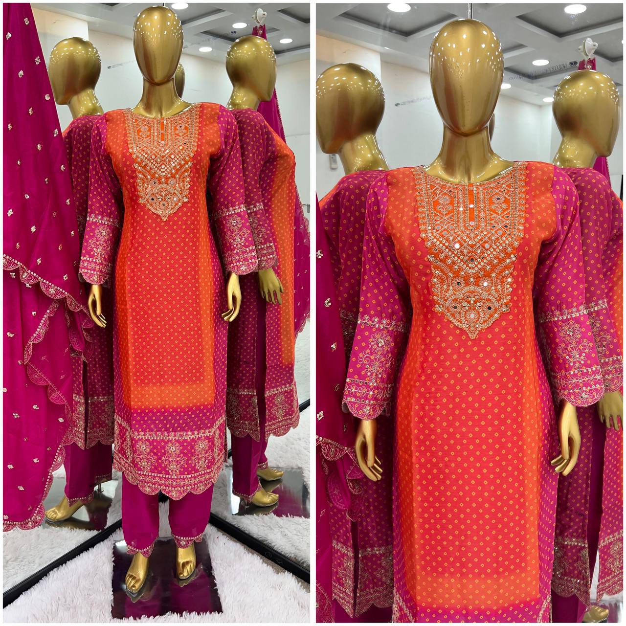 Multi Color Chinon Silk Ready To Wear Designer Dress With Pant & Dupatta Set