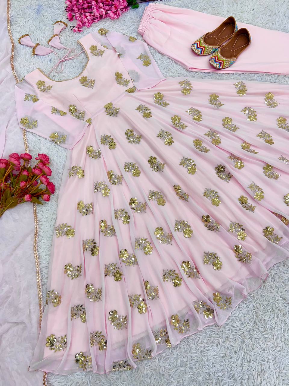 Light Pink Color Georgette Designer Gown With Pant & Dupatta Set