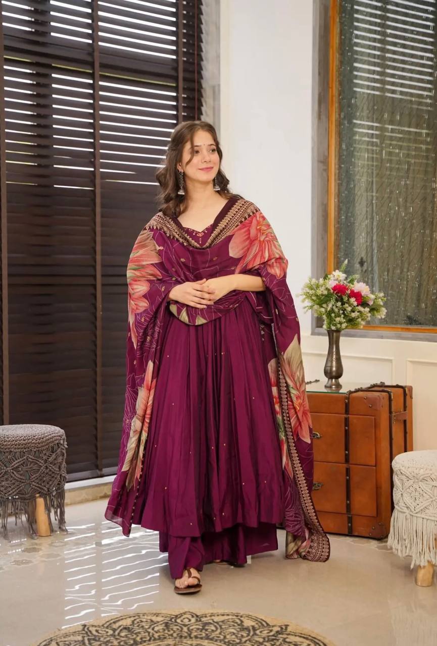 Maroon Color Chinon Silk Designer Gown WIth Palazzo & Dupatta Set