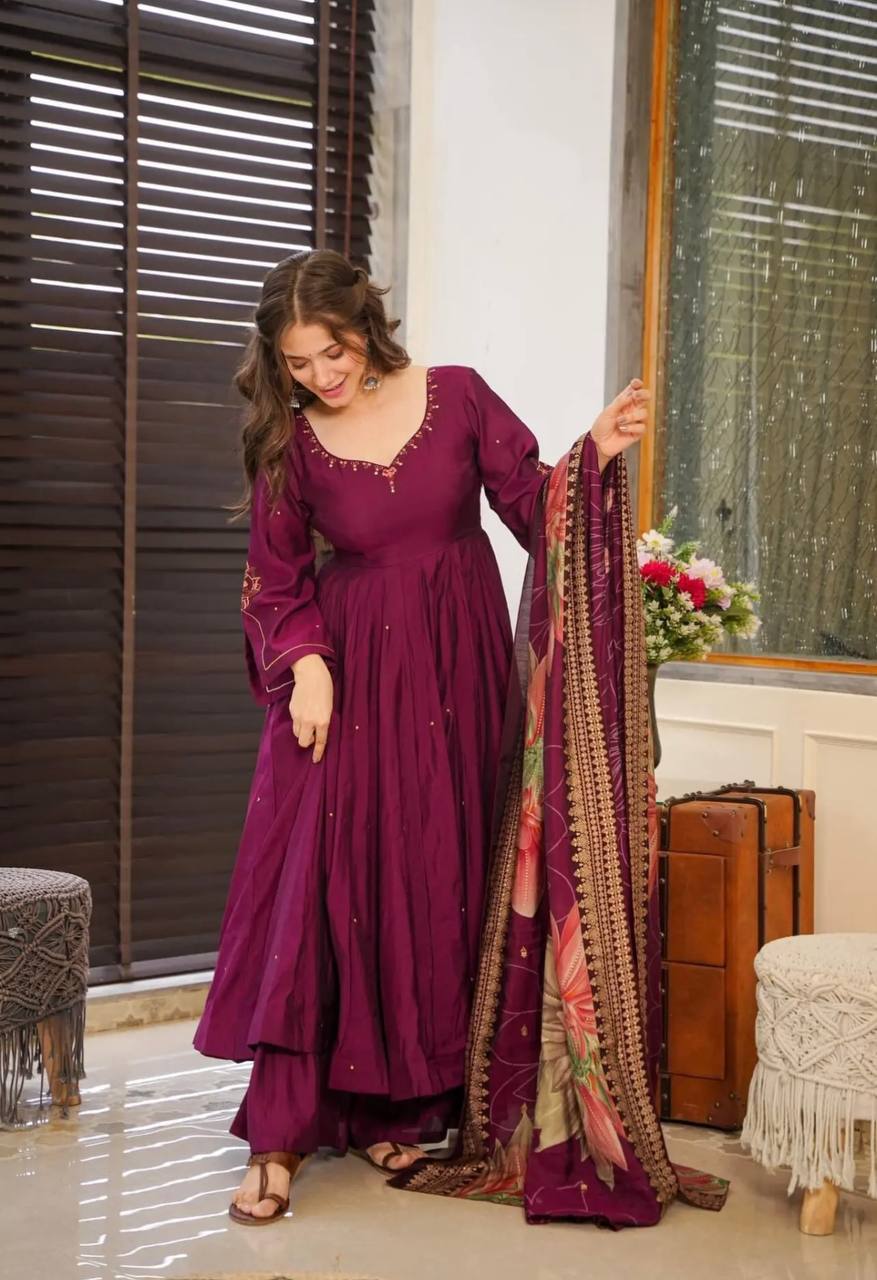 Maroon Color Chinon Silk Designer Gown WIth Palazzo & Dupatta Set