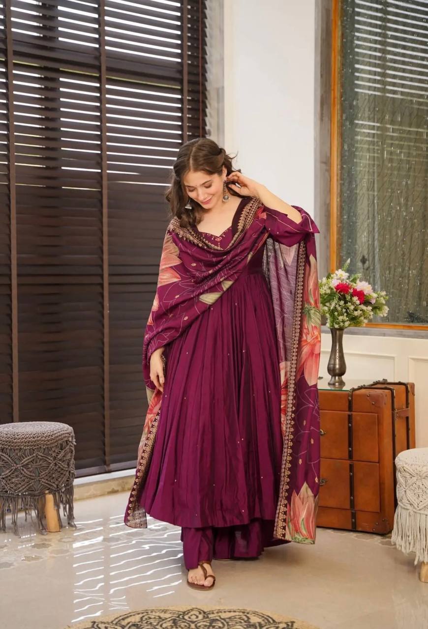 Maroon Color Chinon Silk Designer Gown WIth Palazzo & Dupatta Set