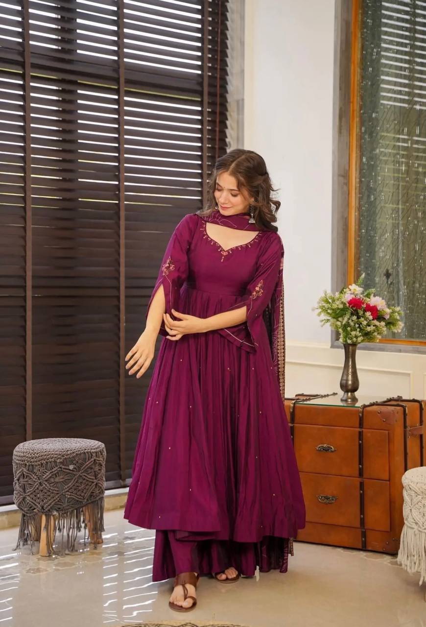 Maroon Color Chinon Silk Designer Gown WIth Palazzo & Dupatta Set