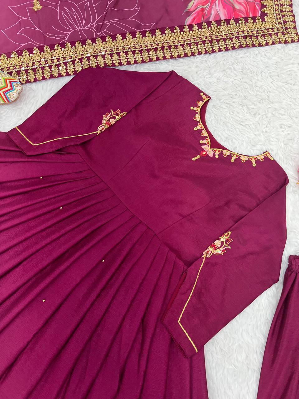 Maroon Color Chinon Silk Designer Gown WIth Palazzo & Dupatta Set