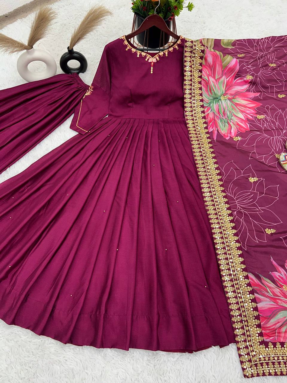 Maroon Color Chinon Silk Designer Gown WIth Palazzo & Dupatta Set