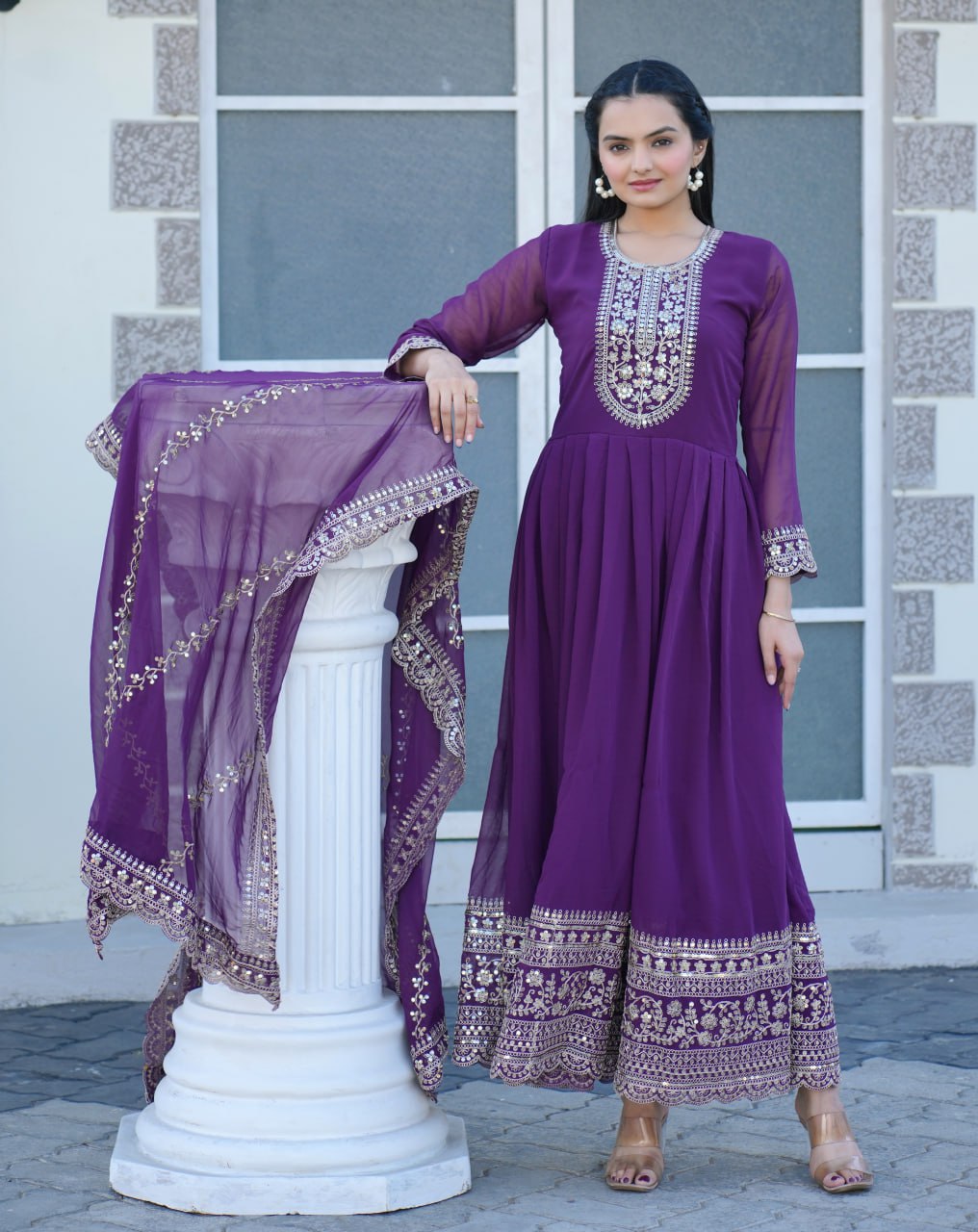 Purple Color Georgette Designer Gown With Pant & Dupatta Set