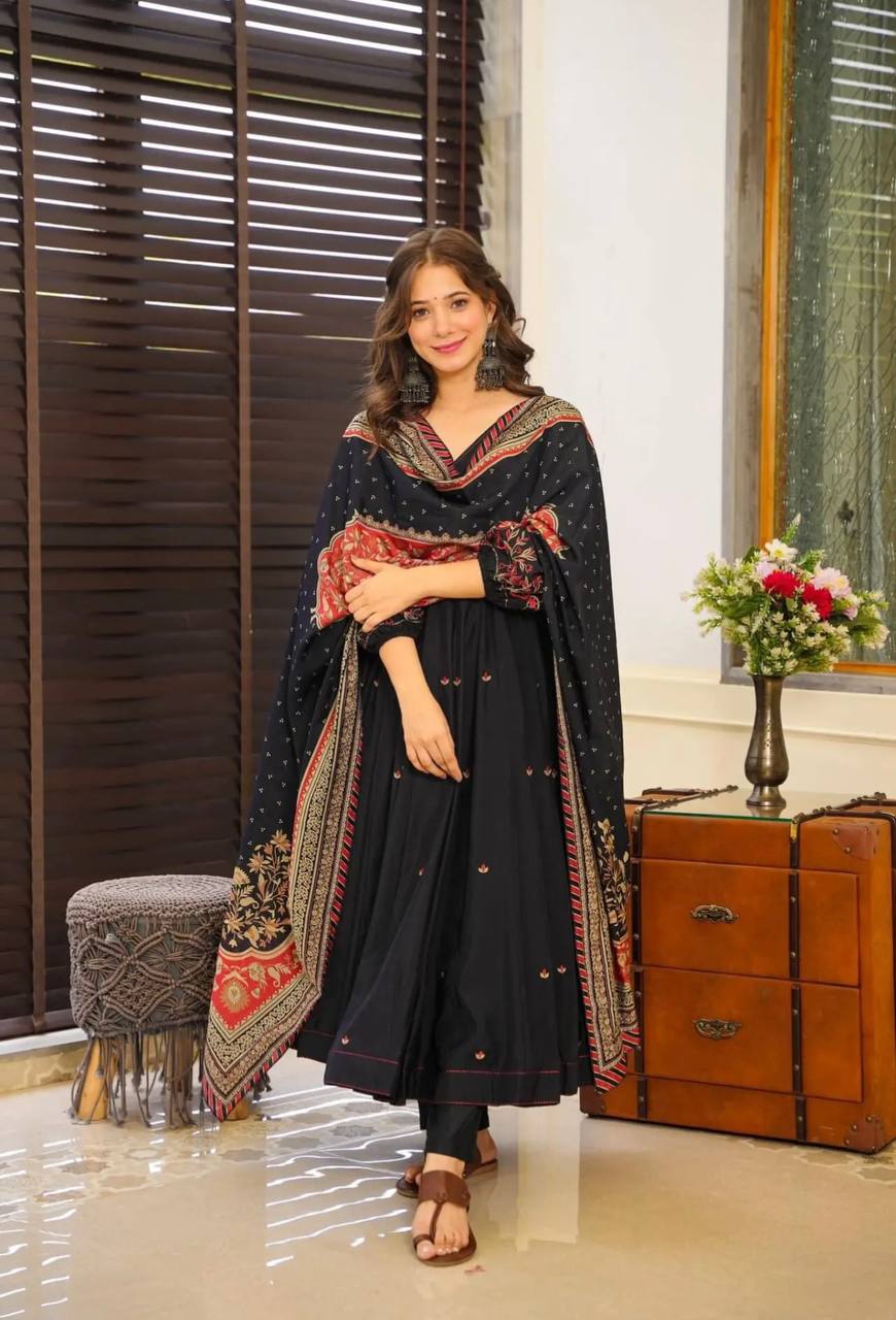 Black Color Chinon Silk Designer Gown WIth Palazzo & Dupatta Set