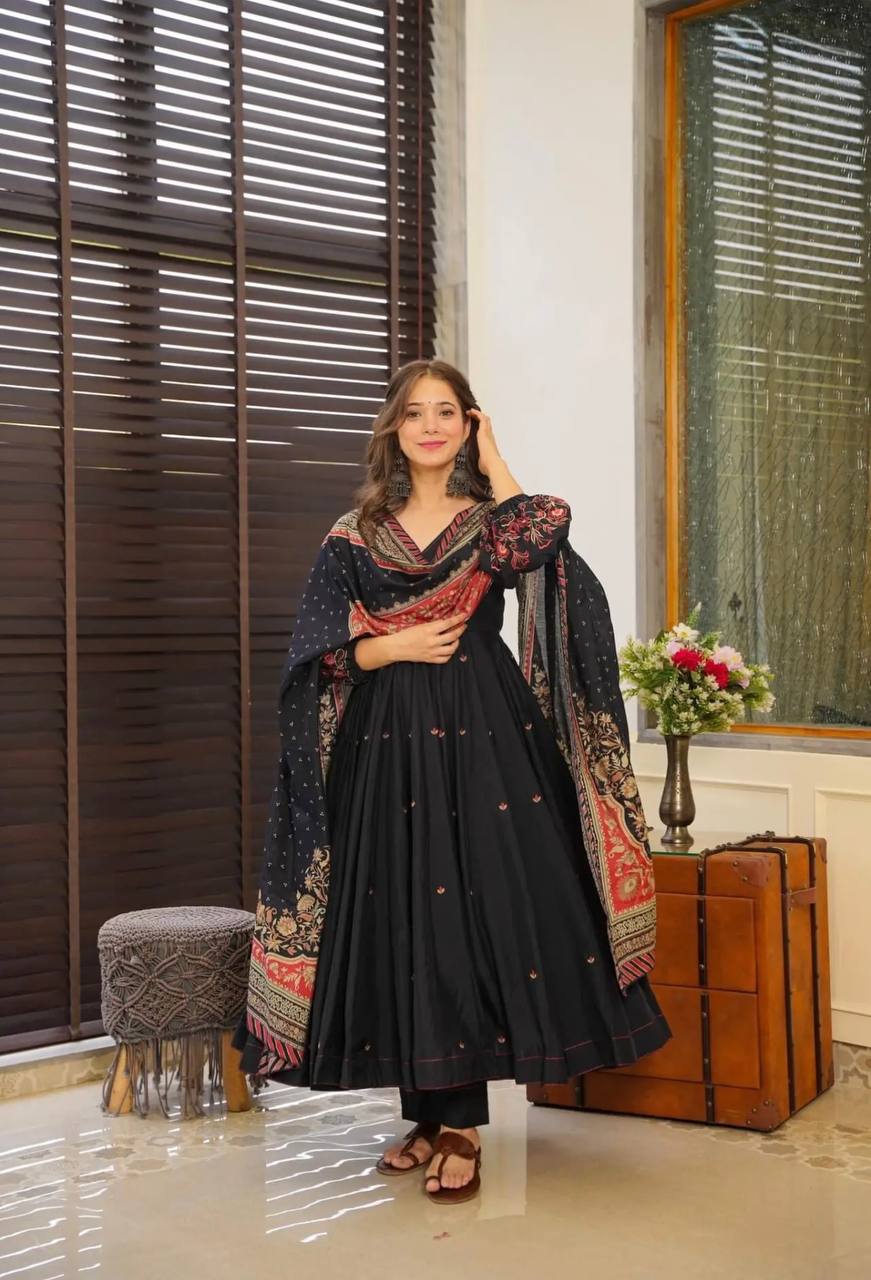 Black Color Chinon Silk Designer Gown WIth Palazzo & Dupatta Set