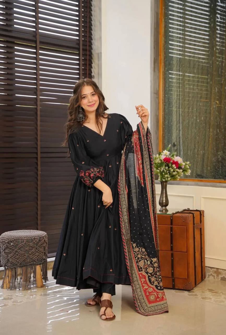 Black Color Chinon Silk Designer Gown WIth Palazzo & Dupatta Set